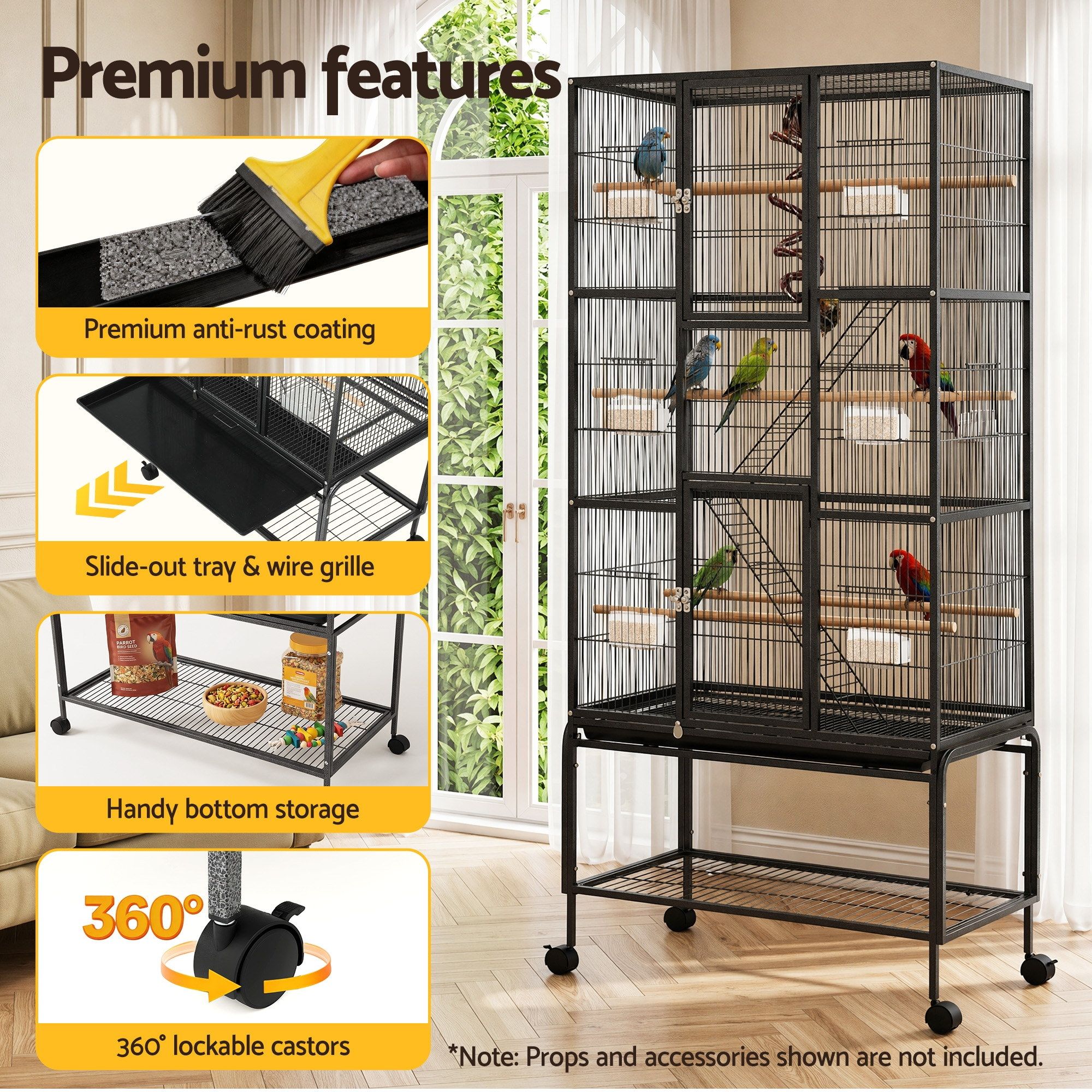 i.Pet 176cm 3-Tier Large Bird Cage Aviary with Ladder Parrot Budgie Wheels Black - Image 6