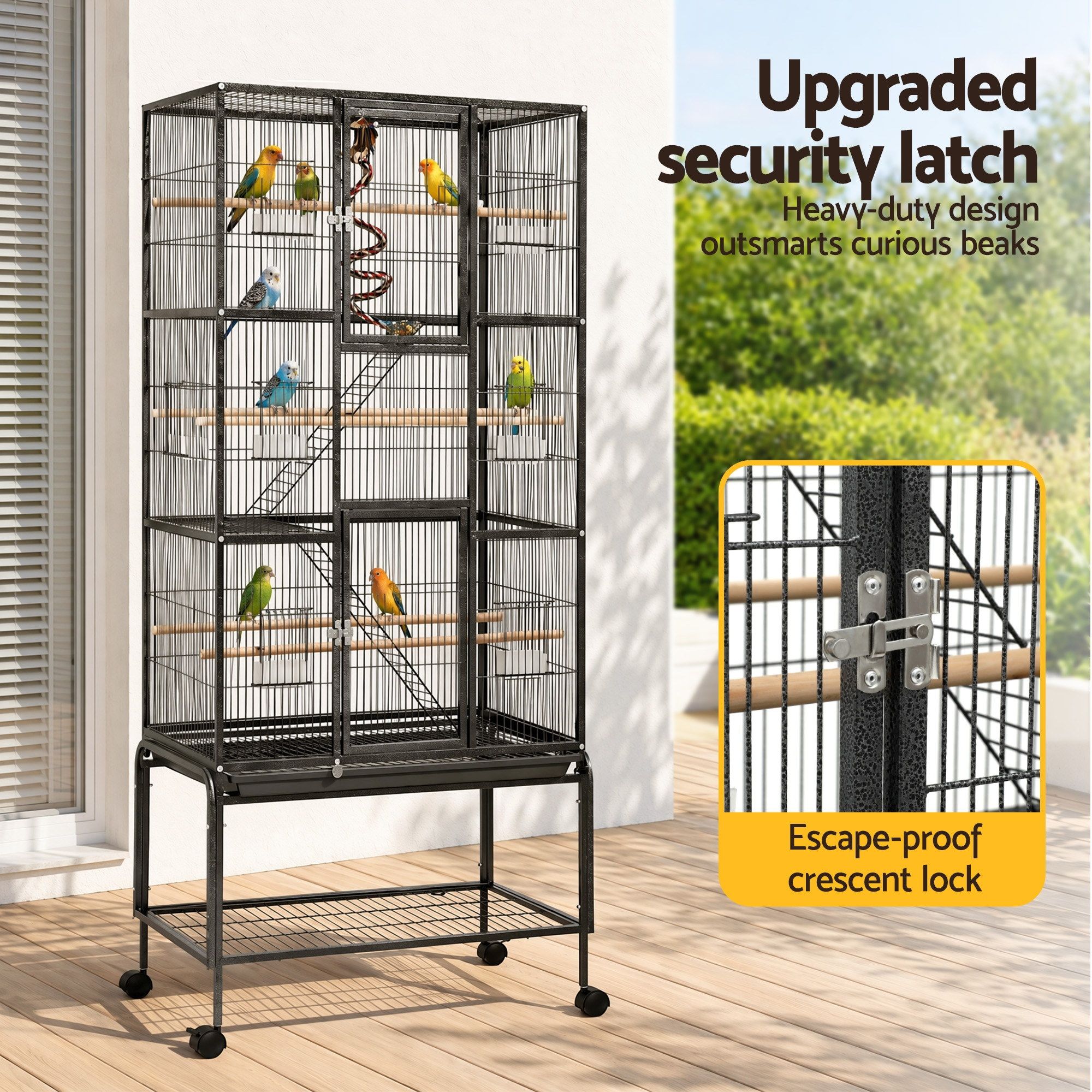 i.Pet 176cm 3-Tier Large Bird Cage Aviary with Ladder Parrot Budgie Wheels Black - Image 7