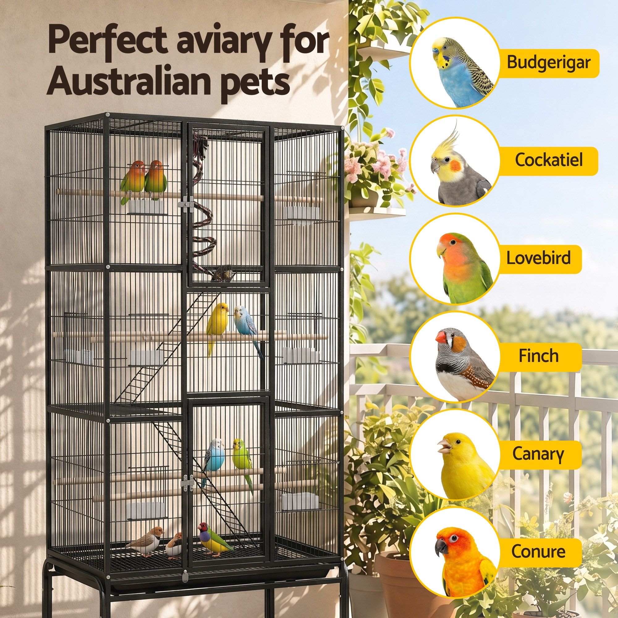 i.Pet 176cm 3-Tier Large Bird Cage Aviary with Ladder Parrot Budgie Wheels Black - Image 8