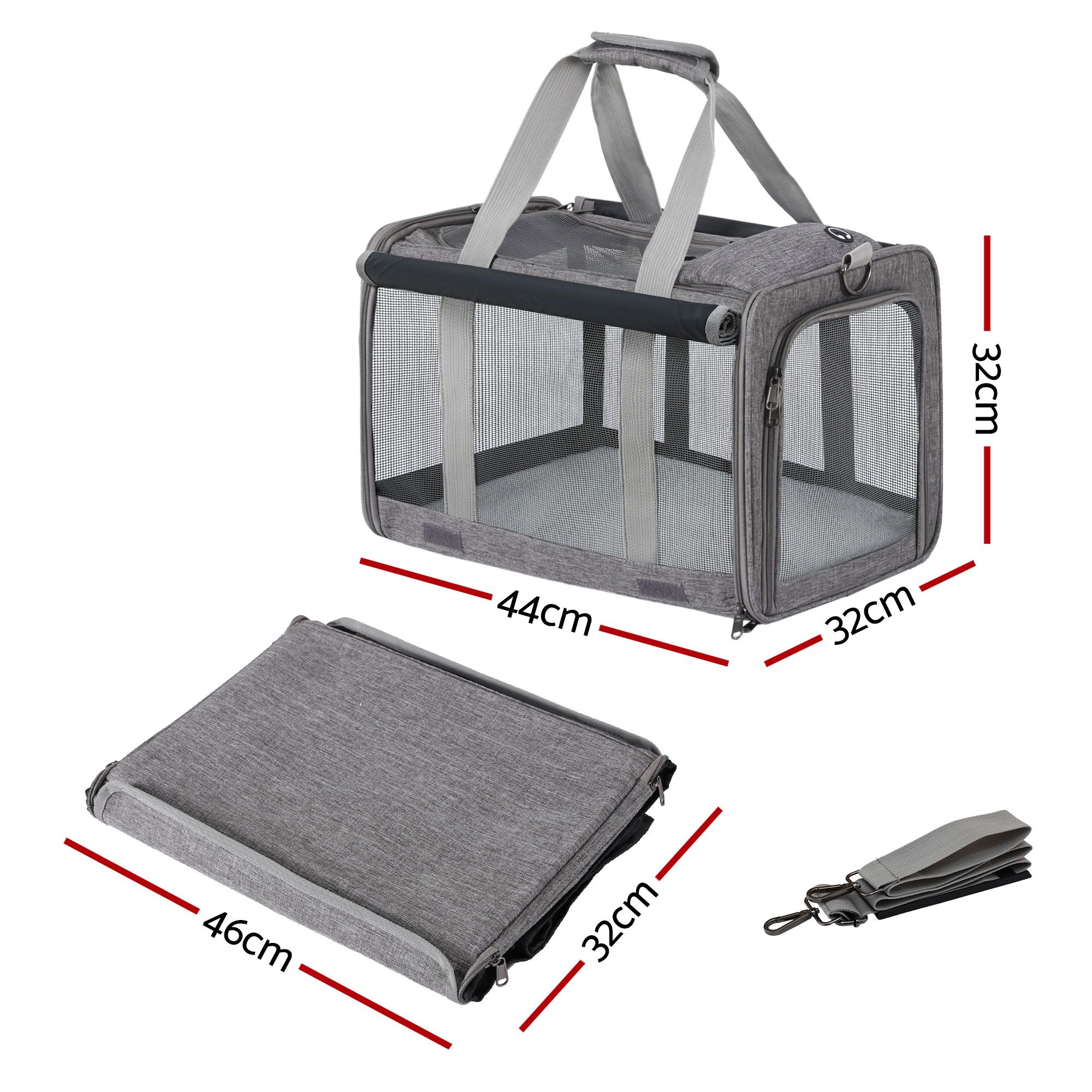 i.Pet Pet Carrier Bag Foldable Dog Cat Durable Crate Travel Cage Portable Car Kennel Grey - Image 2