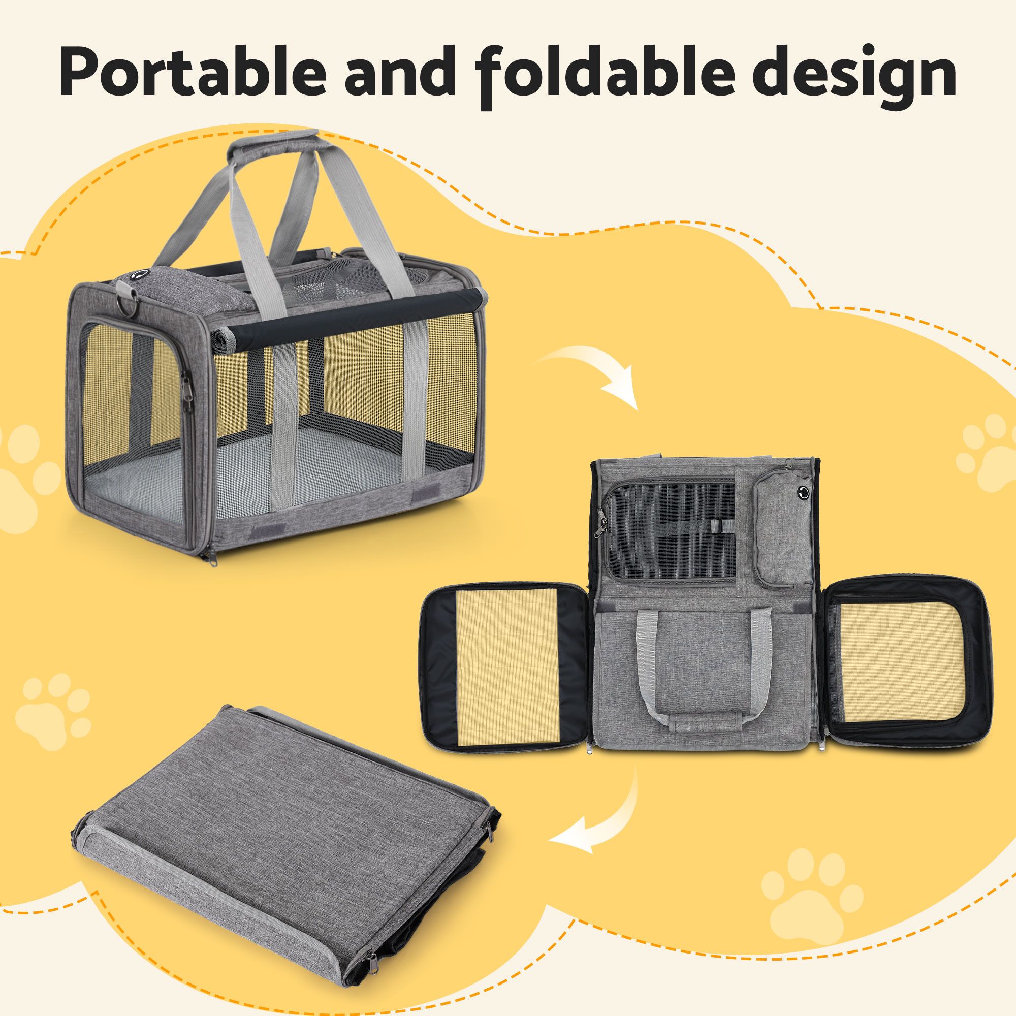 i.Pet Pet Carrier Bag Foldable Dog Cat Durable Crate Travel Cage Portable Car Kennel Grey - Image 5