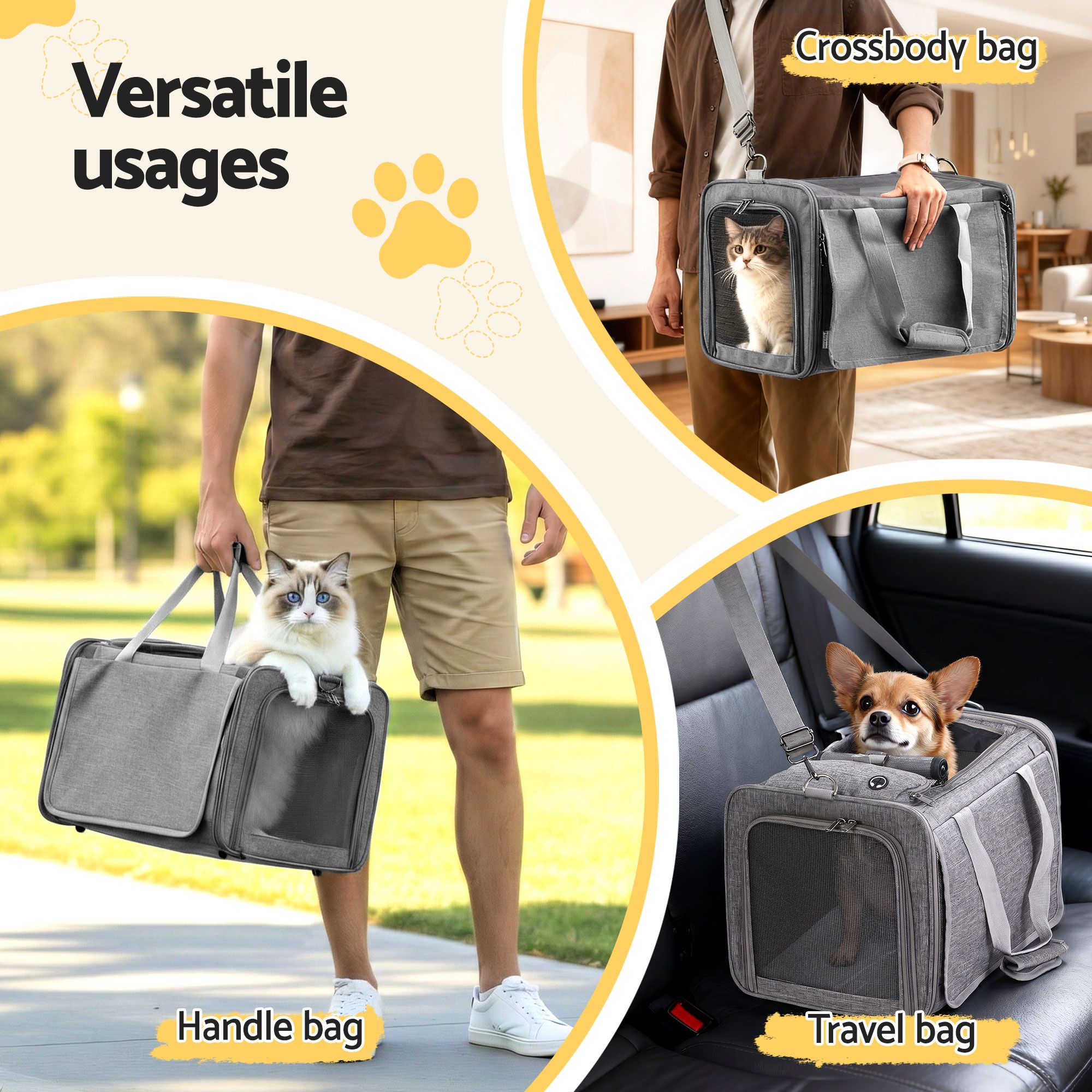 i.Pet Pet Carrier Bag Foldable Dog Cat Durable Crate Travel Cage Portable Car Kennel Grey - Image 8