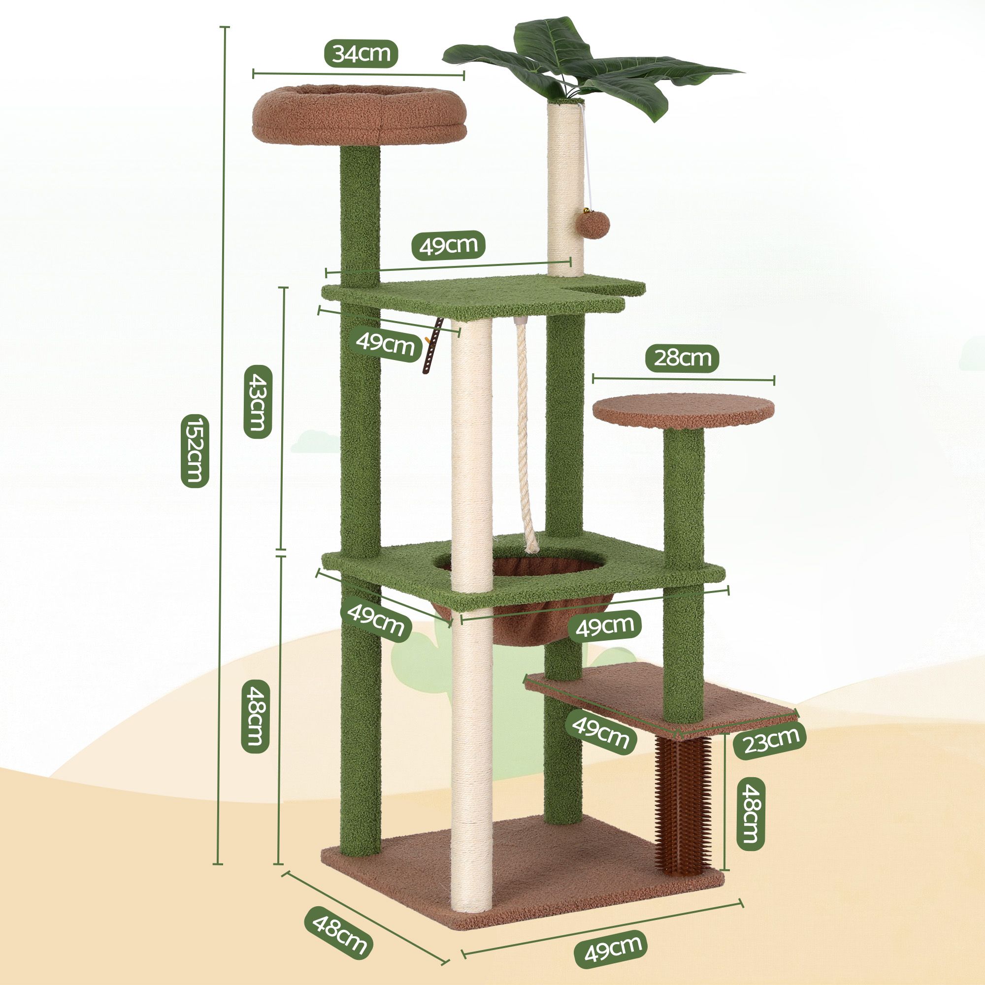 i.Pet Cat Tree Tower 152cm Jungle Multi-Level Scratching Post Leafy Canopy - Image 2