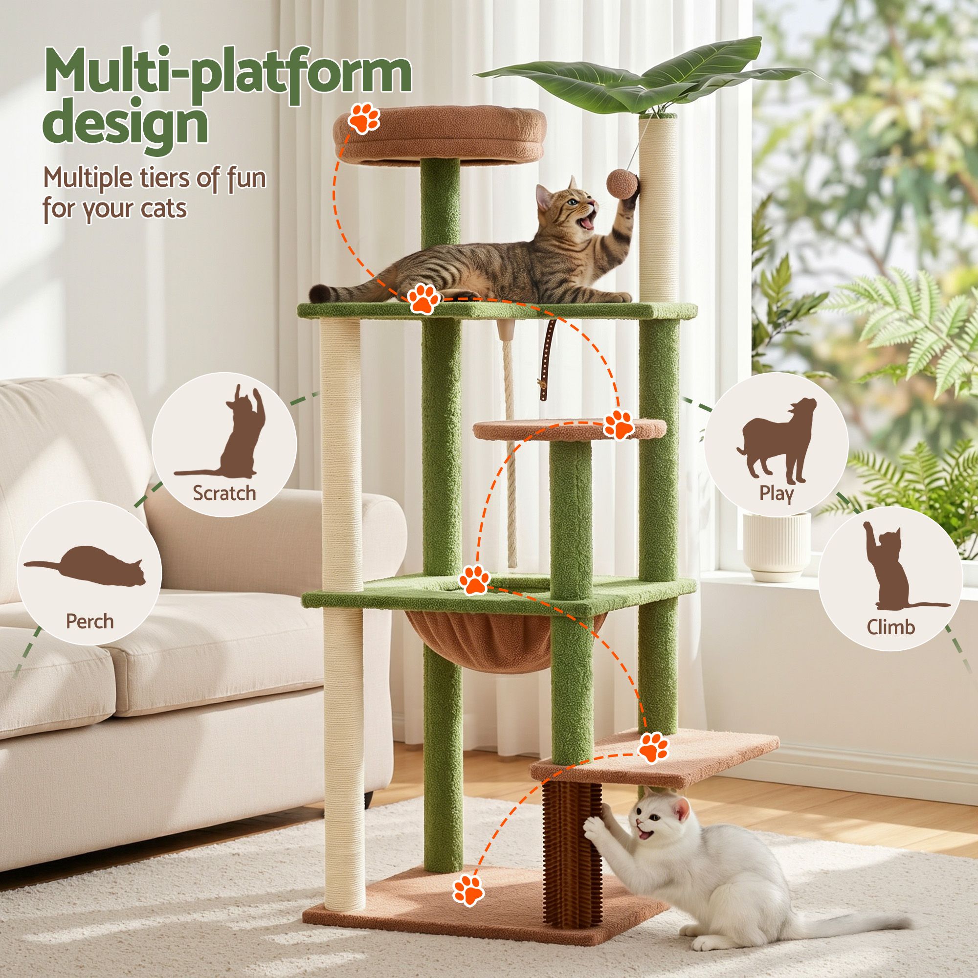 i.Pet Cat Tree Tower 152cm Jungle Multi-Level Scratching Post Leafy Canopy - Image 4
