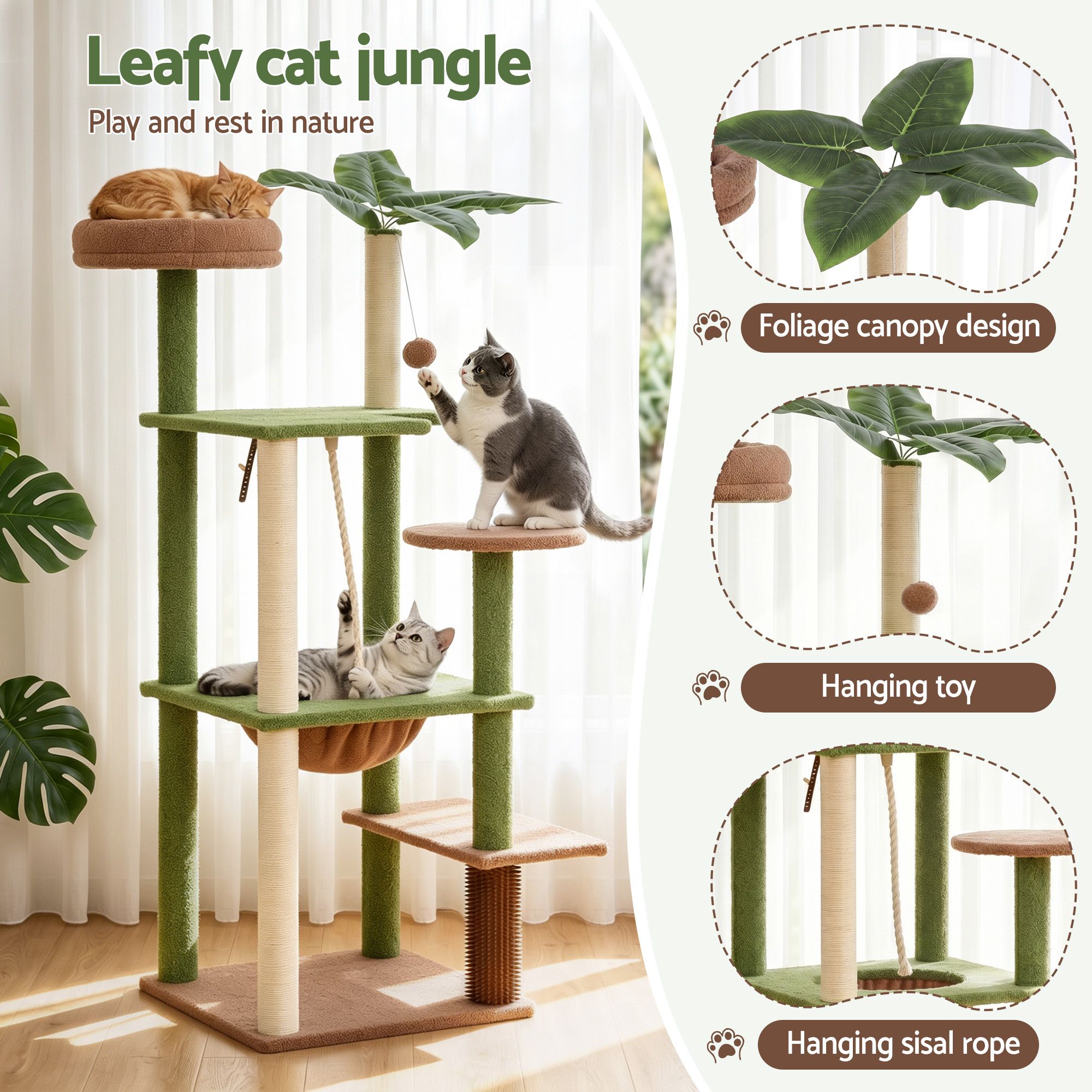 i.Pet Cat Tree Tower 152cm Jungle Multi-Level Scratching Post Leafy Canopy - Image 5