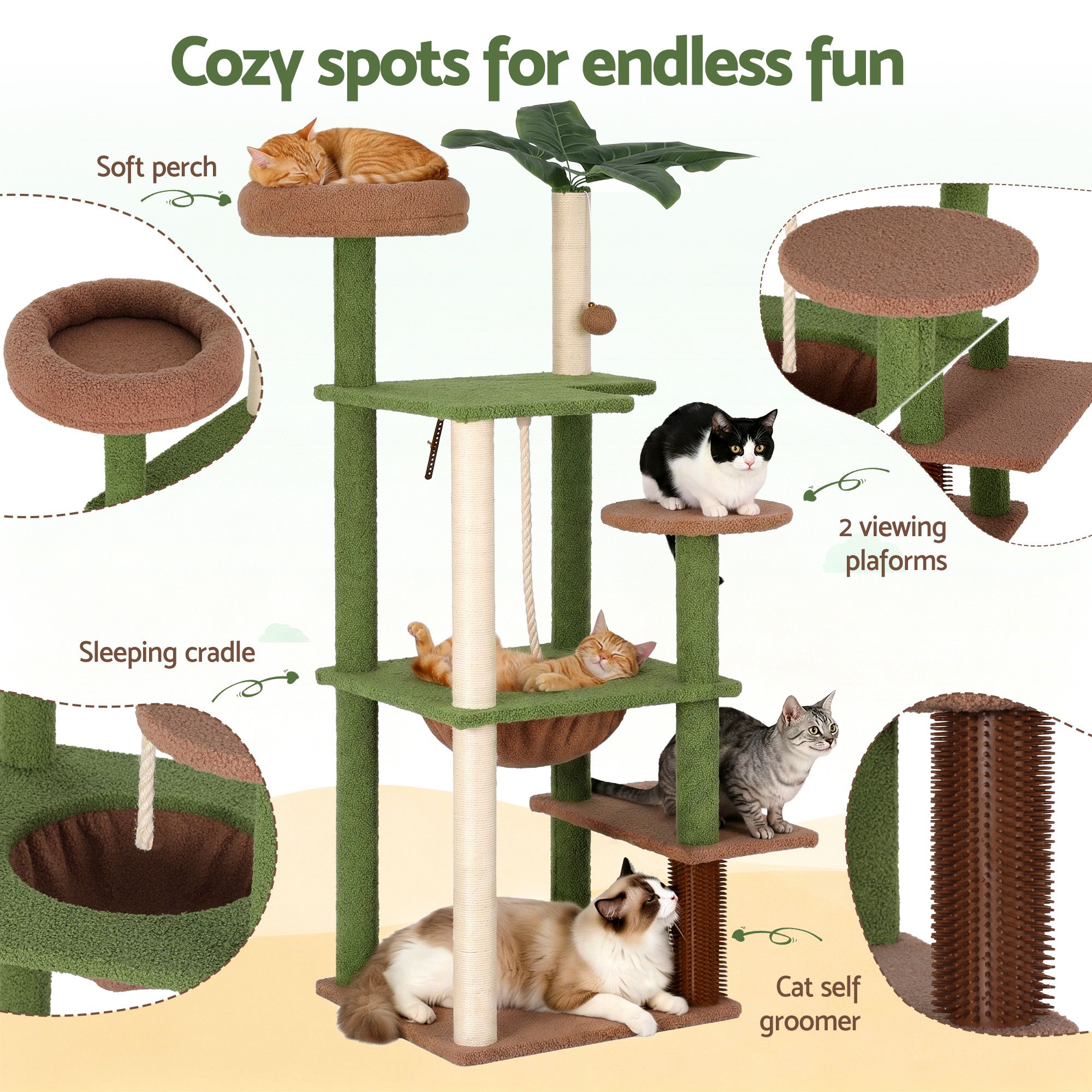 i.Pet Cat Tree Tower 152cm Jungle Multi-Level Scratching Post Leafy Canopy - Image 6