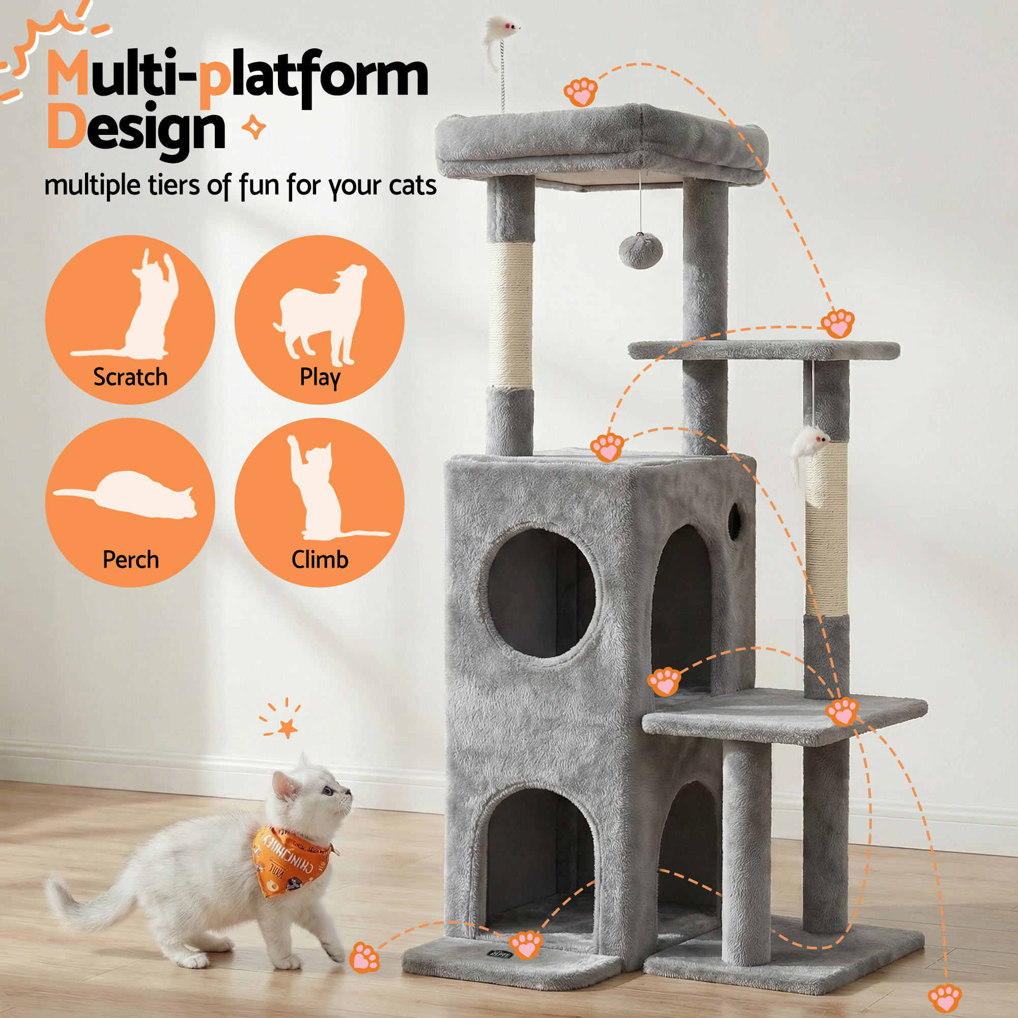 i.Pet Cat Tree Tower 127cm Scratching Post Furniture Scratcher House Light Grey - Image 4