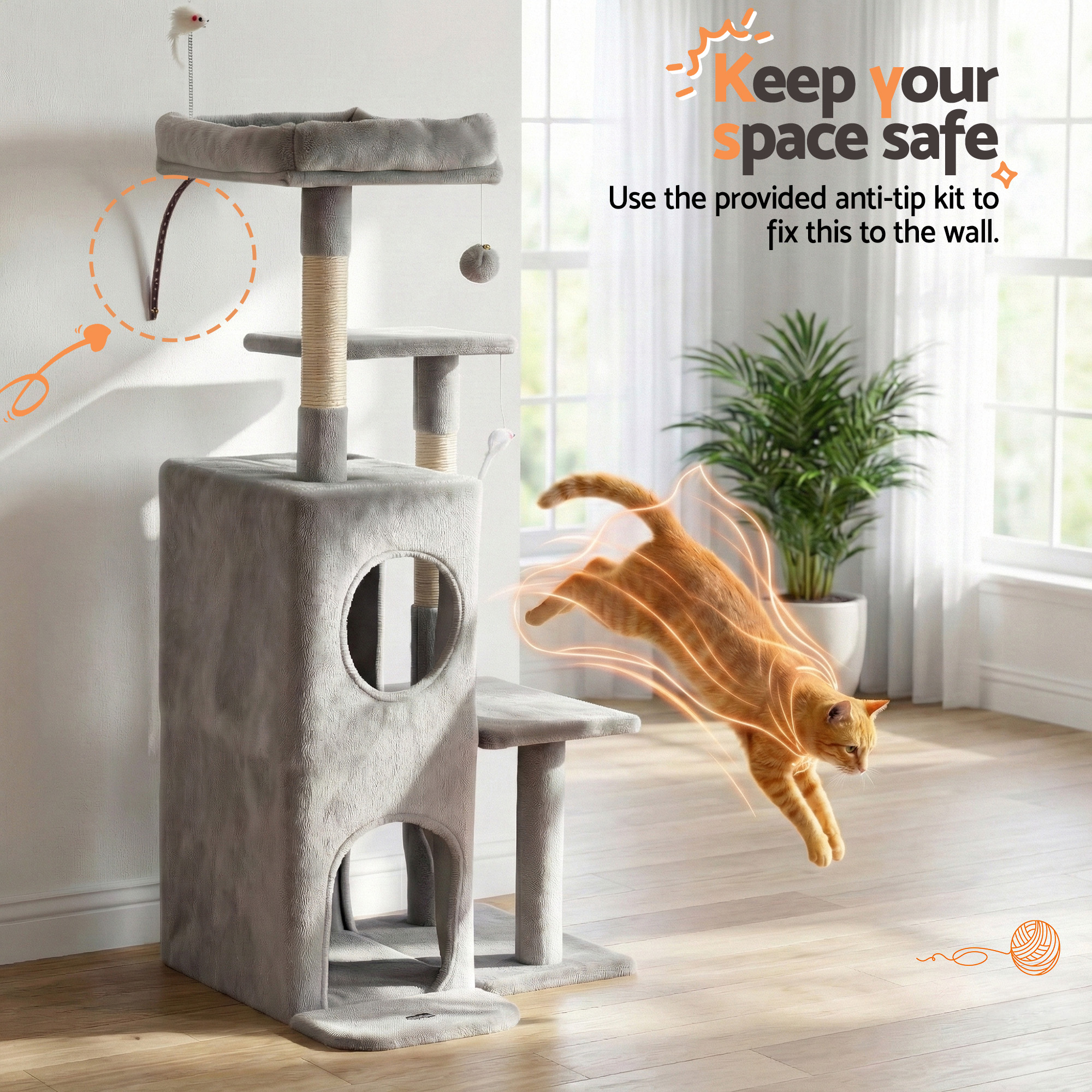 i.Pet Cat Tree Tower 127cm Scratching Post Furniture Scratcher House Light Grey - Image 6