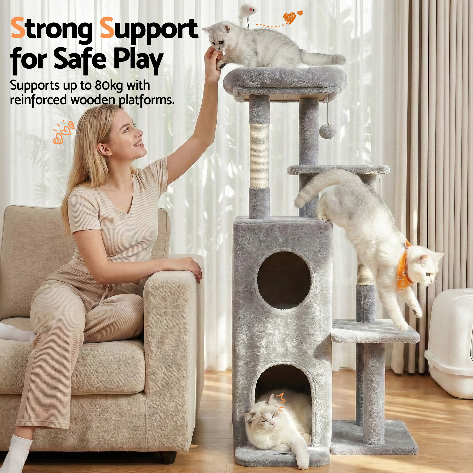 i.Pet Cat Tree Tower 127cm Scratching Post Furniture Scratcher House Light Grey - Image 8