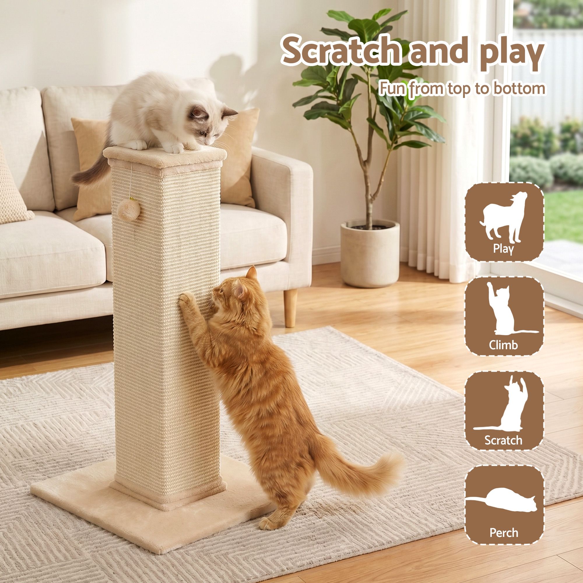 i.Pet Cat Tree 89cm Scratching Post Tower Scratcher Wood Condo Bed House Trees Beige - Image 4