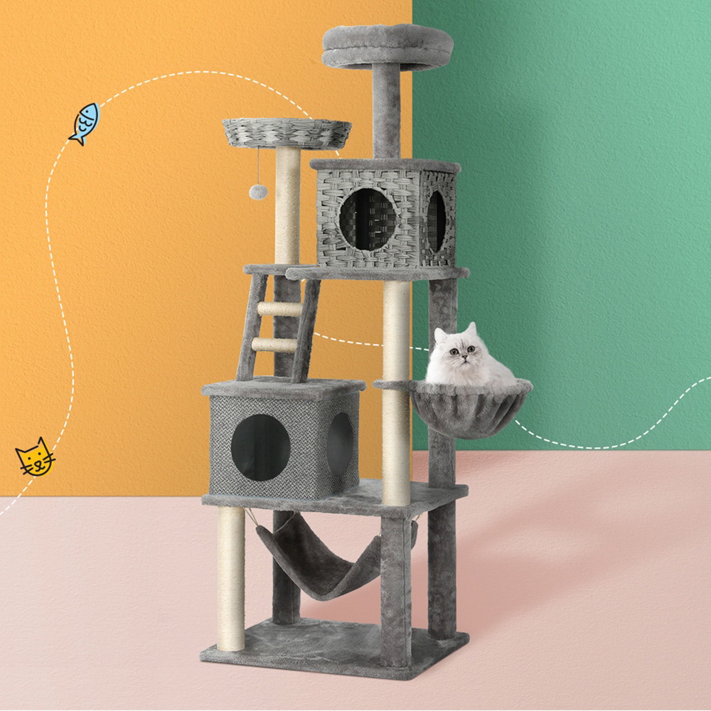i.Pet Cat Tree 169cm Tower Scratching Post Scratcher Wood Bed Condo House Rattan Ladder - Image 1