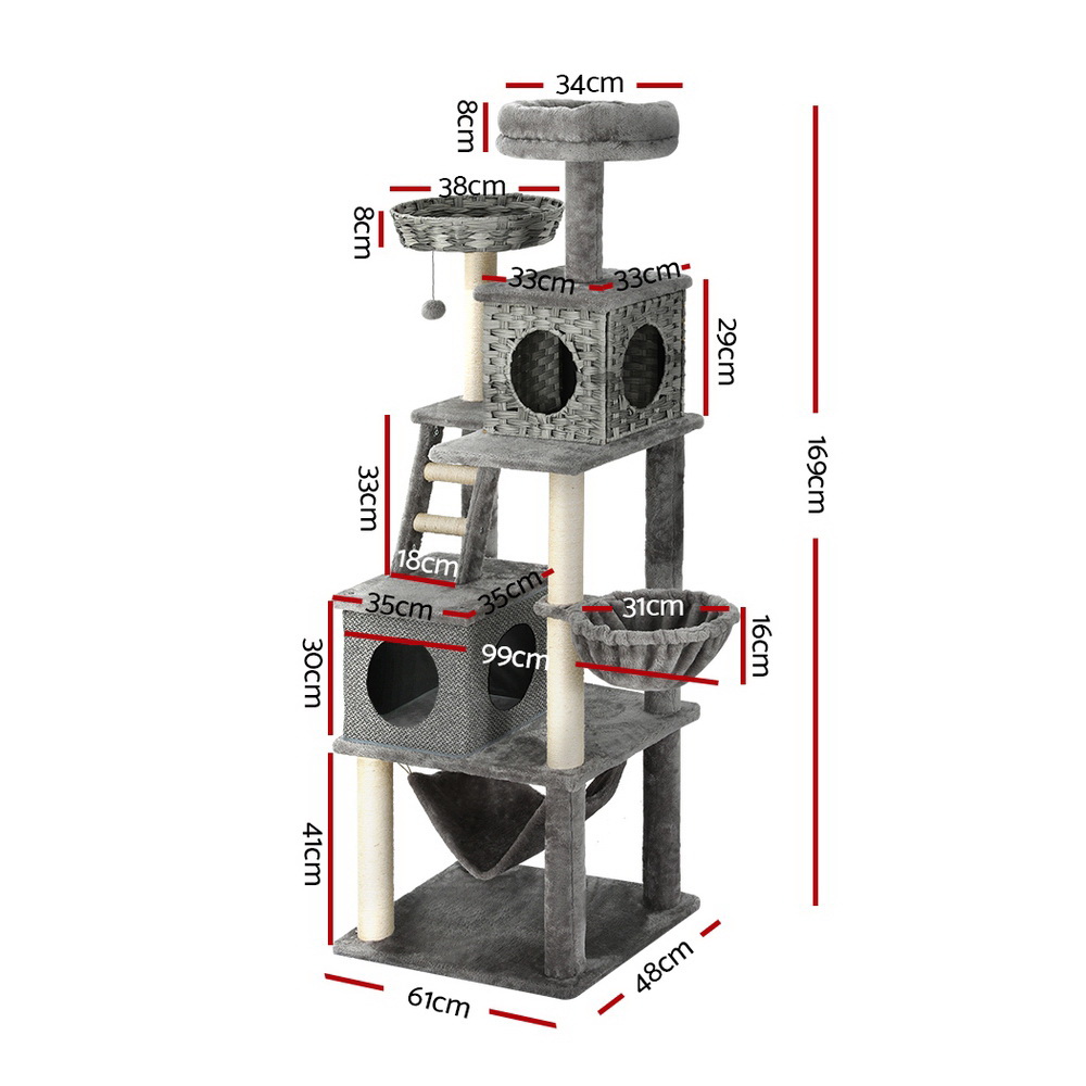 i.Pet Cat Tree 169cm Tower Scratching Post Scratcher Wood Bed Condo House Rattan Ladder - Image 2