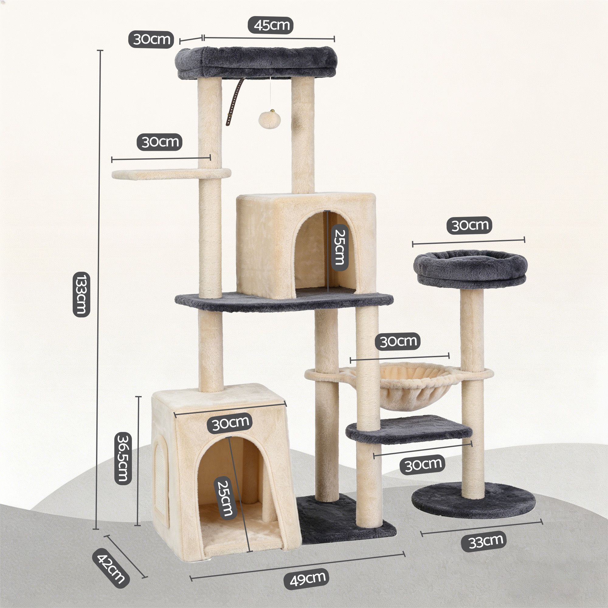 i.Pet Cat Tree Tower 133cm Rotatable L-Shape Design Scratching Post Furniture Scratcher House Grey & Beige - Image 2