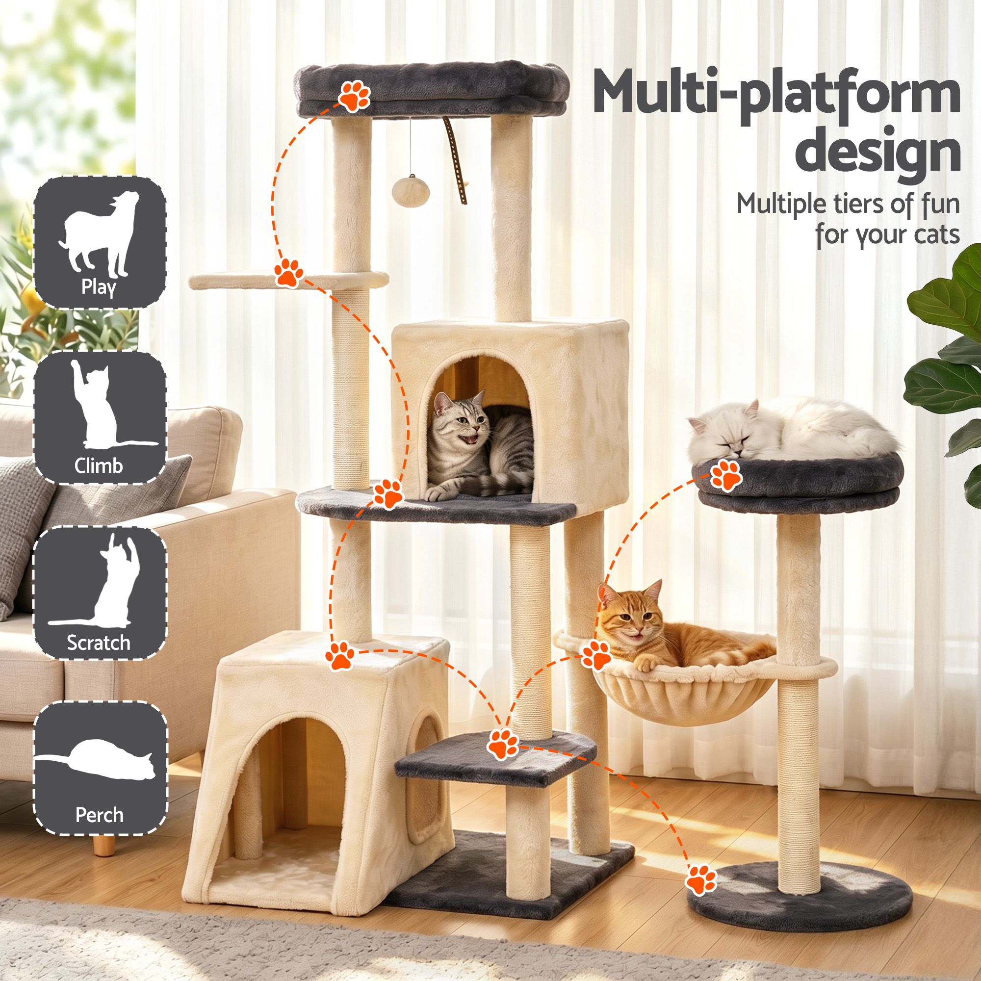 i.Pet Cat Tree Tower 133cm Rotatable L-Shape Design Scratching Post Furniture Scratcher House Grey & Beige - Image 4