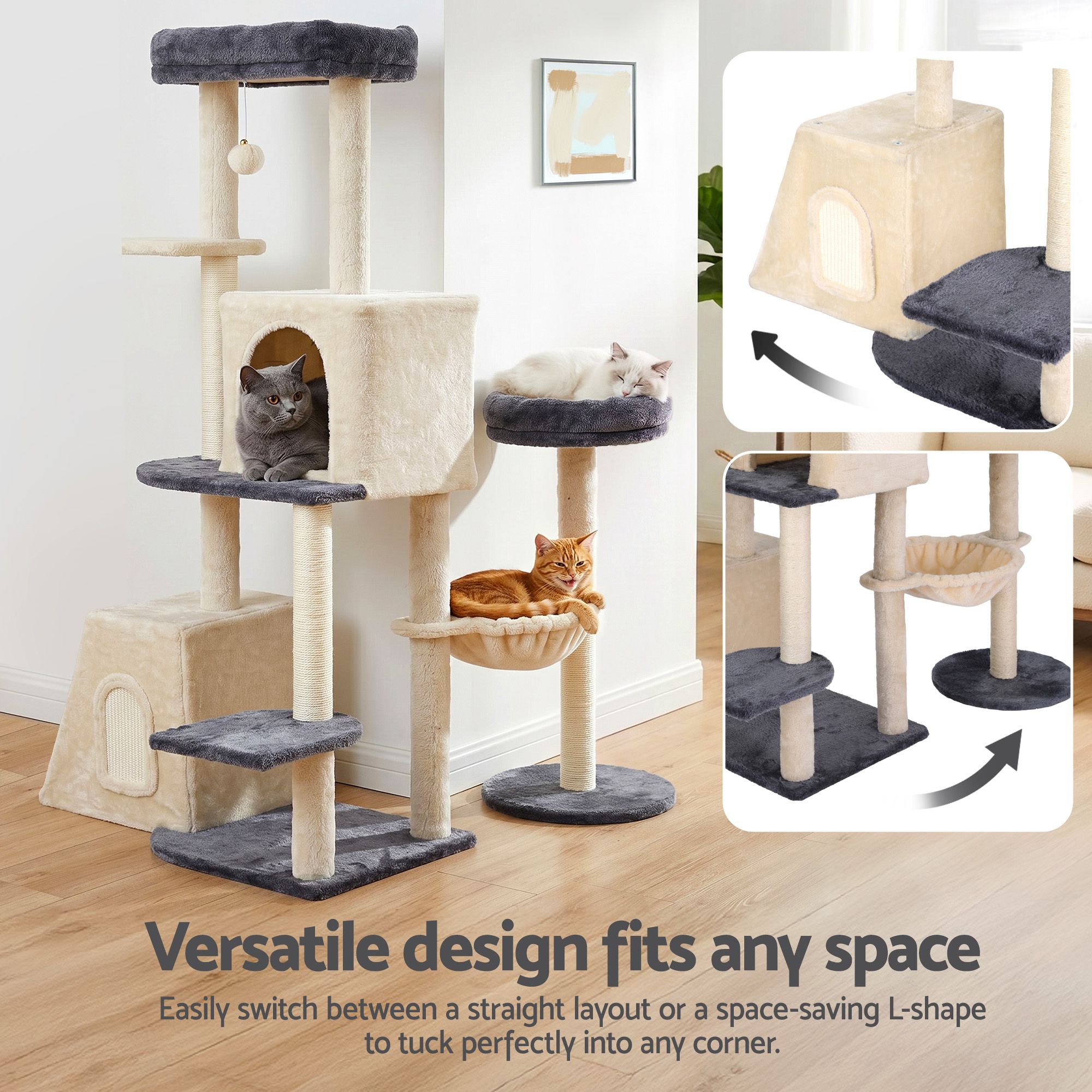i.Pet Cat Tree Tower 133cm Rotatable L-Shape Design Scratching Post Furniture Scratcher House Grey & Beige - Image 5