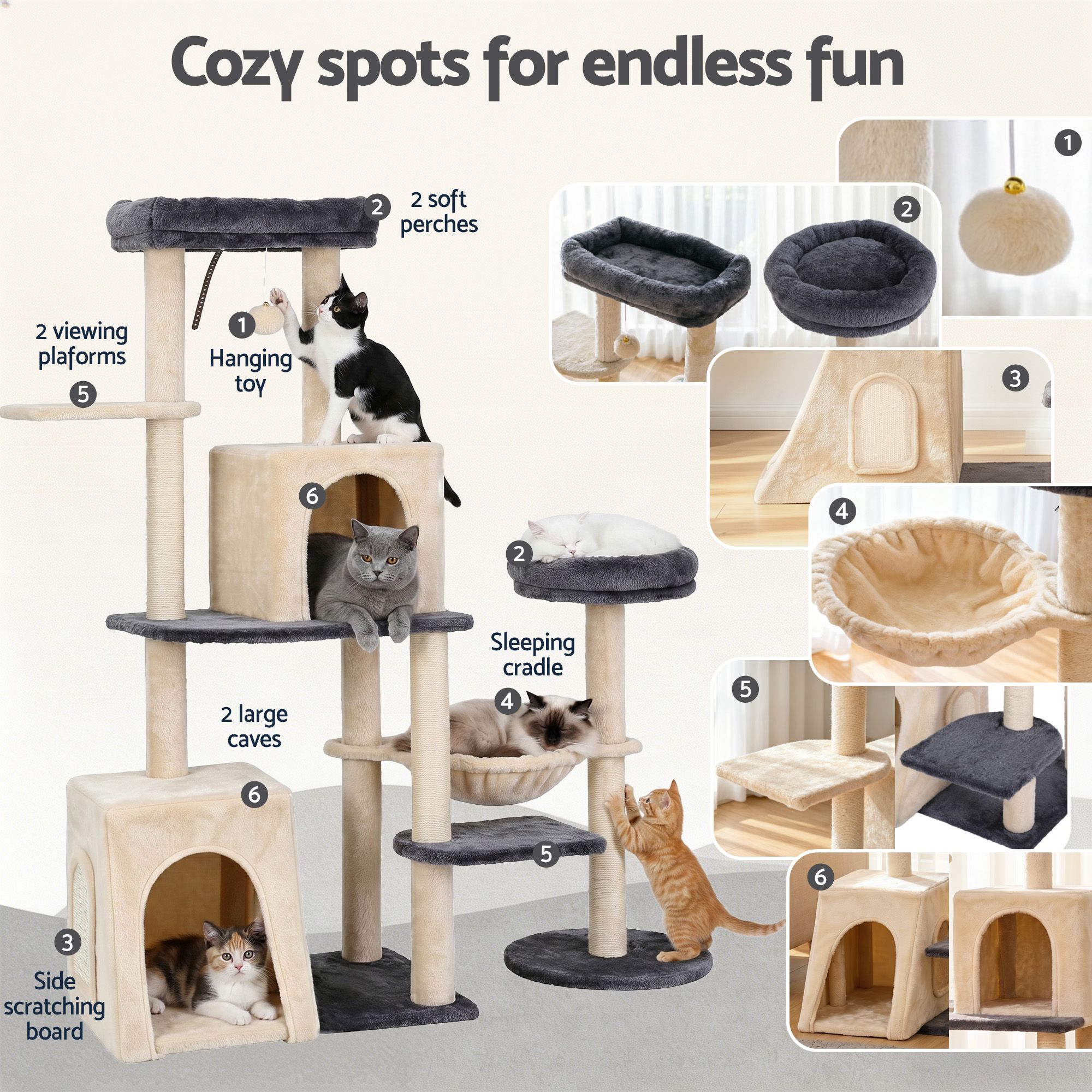 i.Pet Cat Tree Tower 133cm Rotatable L-Shape Design Scratching Post Furniture Scratcher House Grey & Beige - Image 6