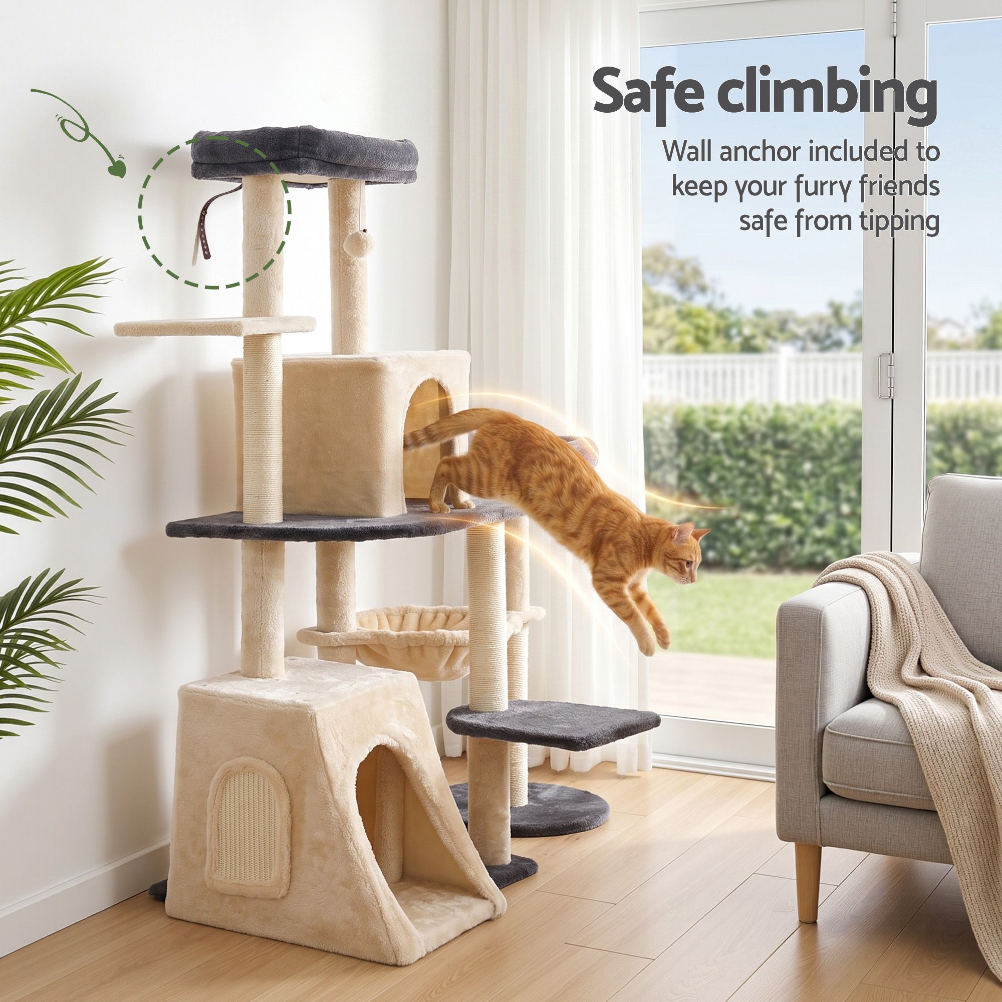 i.Pet Cat Tree Tower 133cm Rotatable L-Shape Design Scratching Post Furniture Scratcher House Grey & Beige - Image 7