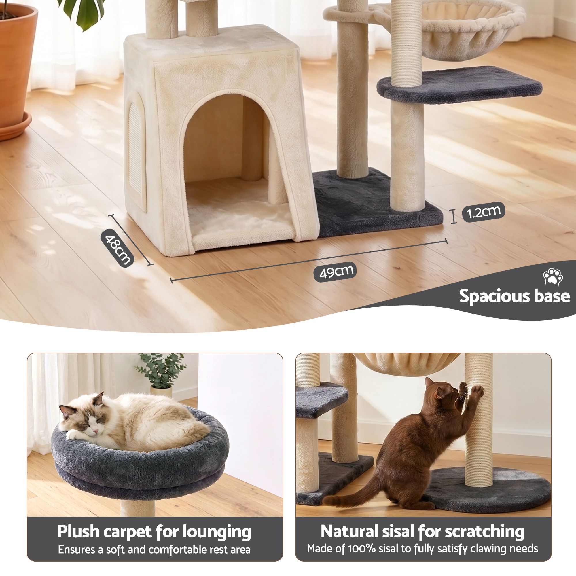 i.Pet Cat Tree Tower 133cm Rotatable L-Shape Design Scratching Post Furniture Scratcher House Grey & Beige - Image 8