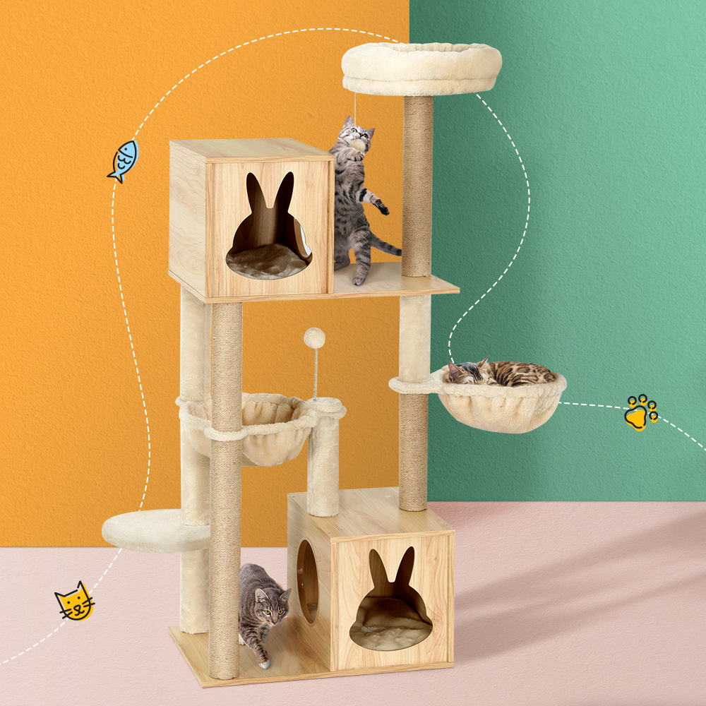 i.Pet Cat Tree 141cm Tower Scratching Post Scratcher Wood Bed Condo Toys House Ladder - Image 1