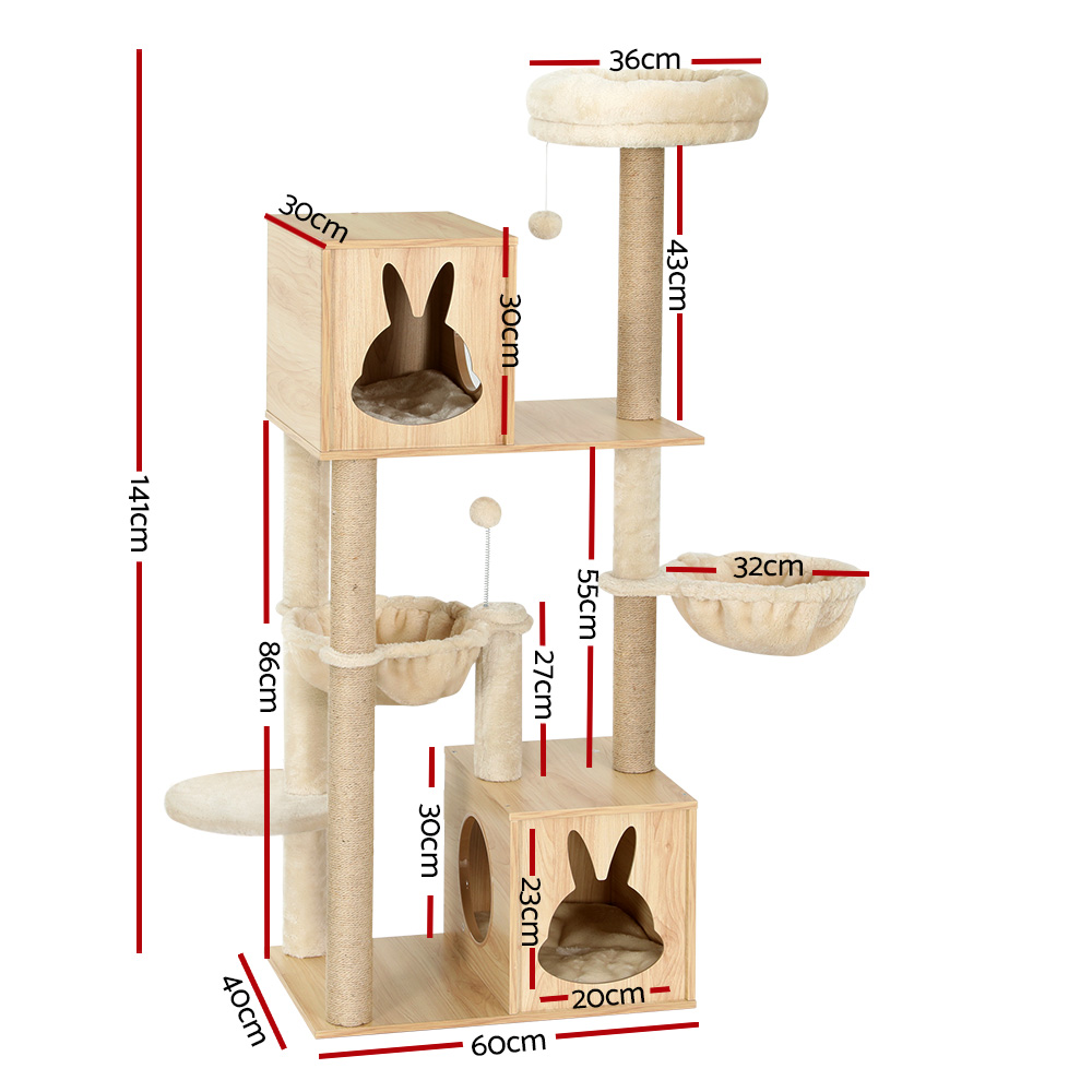 i.Pet Cat Tree 141cm Tower Scratching Post Scratcher Wood Bed Condo Toys House Ladder - Image 2