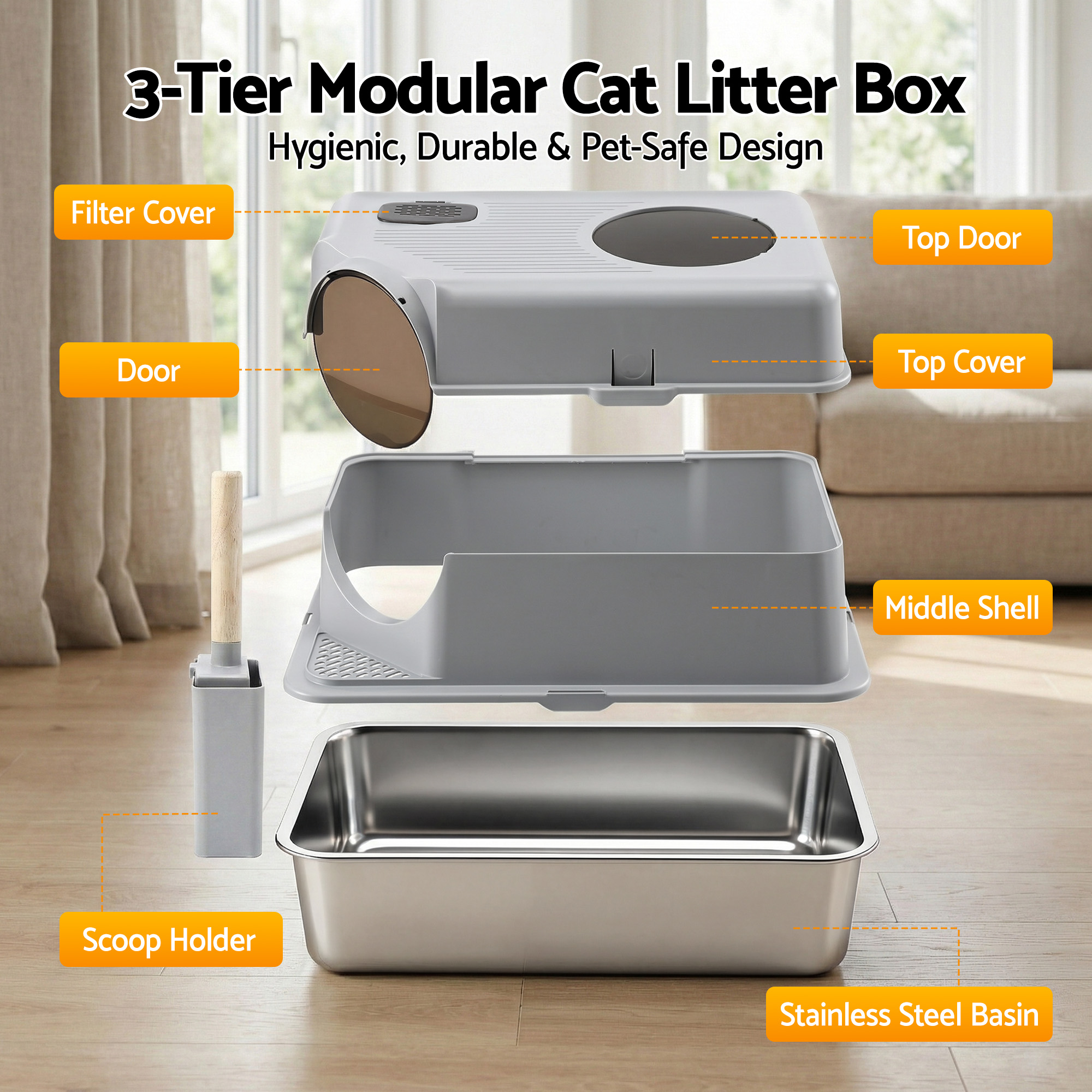i.Pet Cat Litter Box Large Stainless Steel High Sided Pet Toilet Odour Control - Image 8
