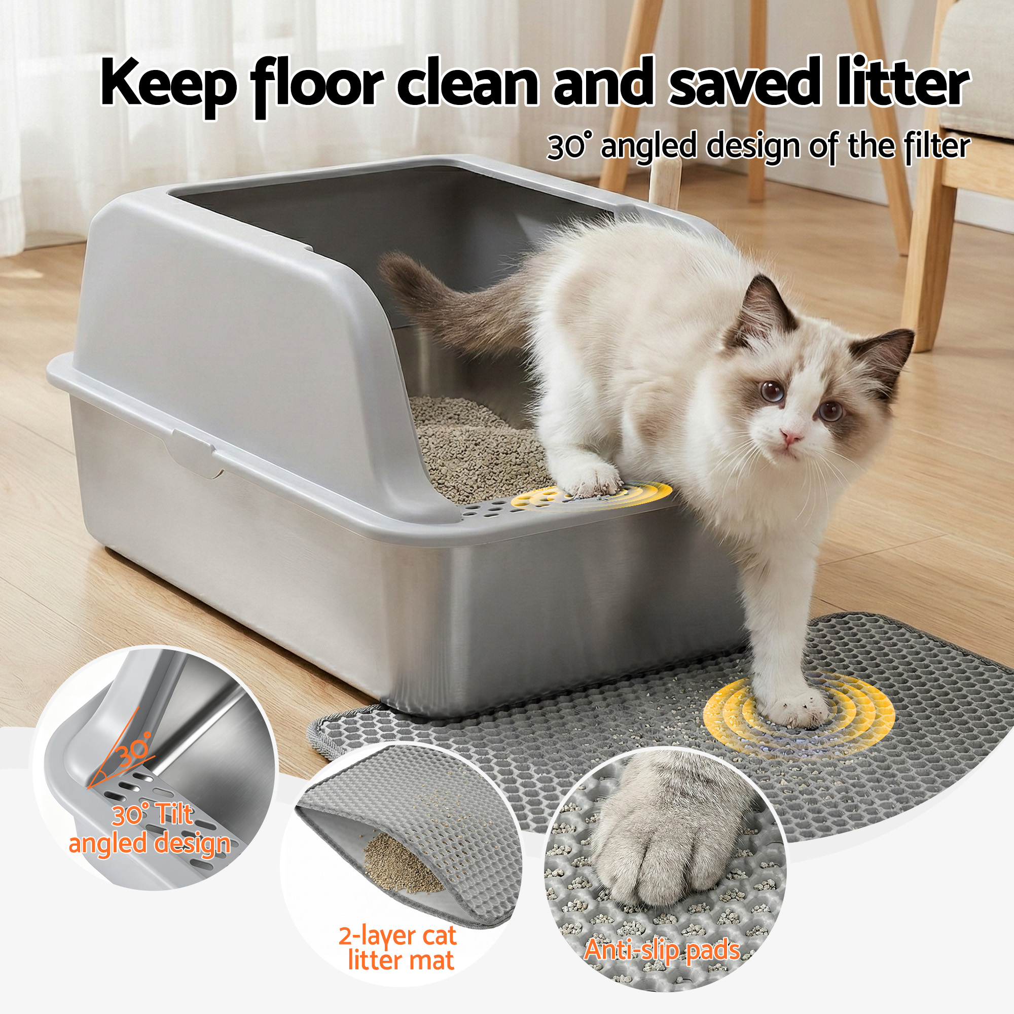 i.Pet Cat Litter Box Stainless Steel Large Semi-Enclosed Pet Kitty Toilet Grey - Image 5
