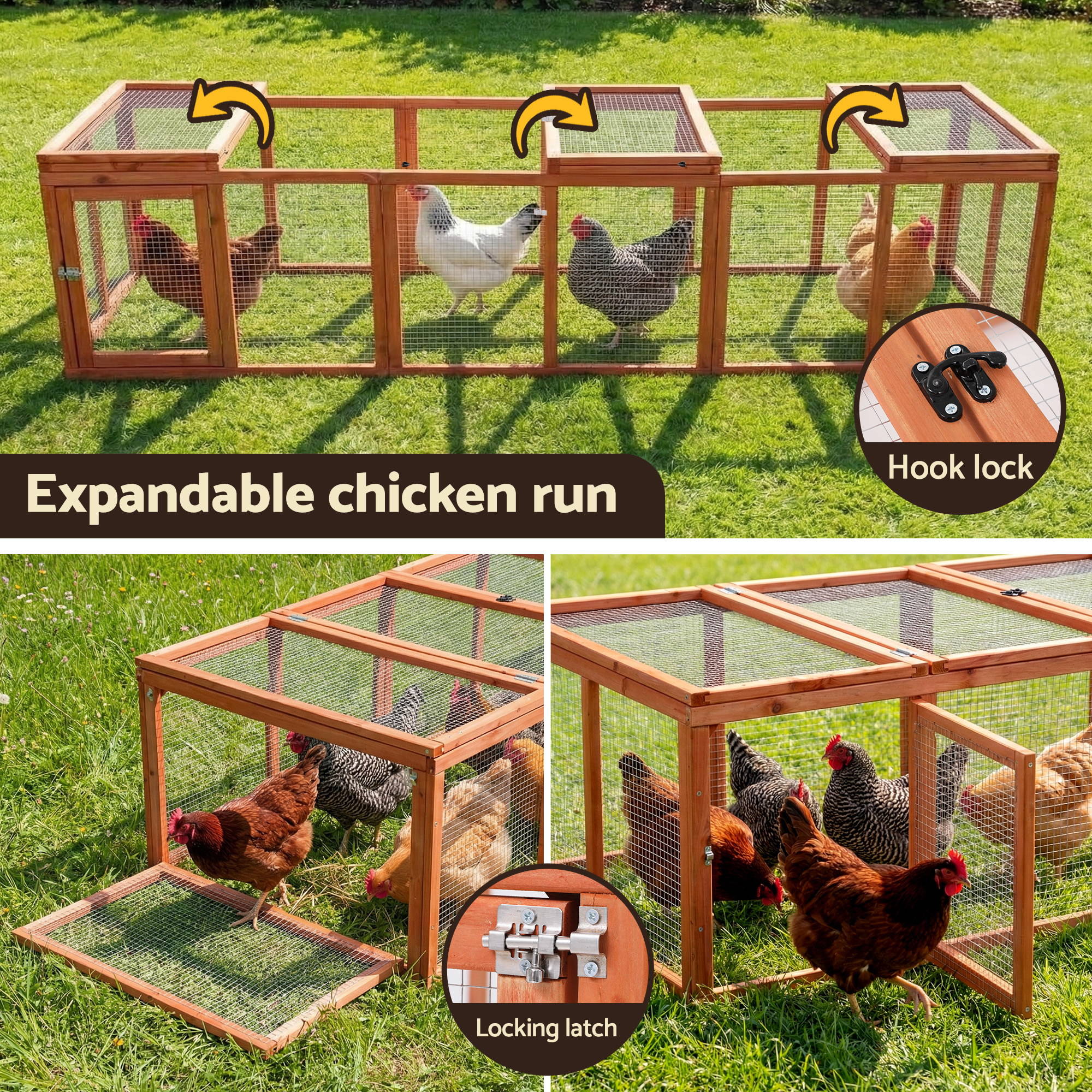 i.Pet Chicken Coop Wooden Pet Run Rabbit Hutch Large Outdoor Cage with Play Area Brown - Image 6