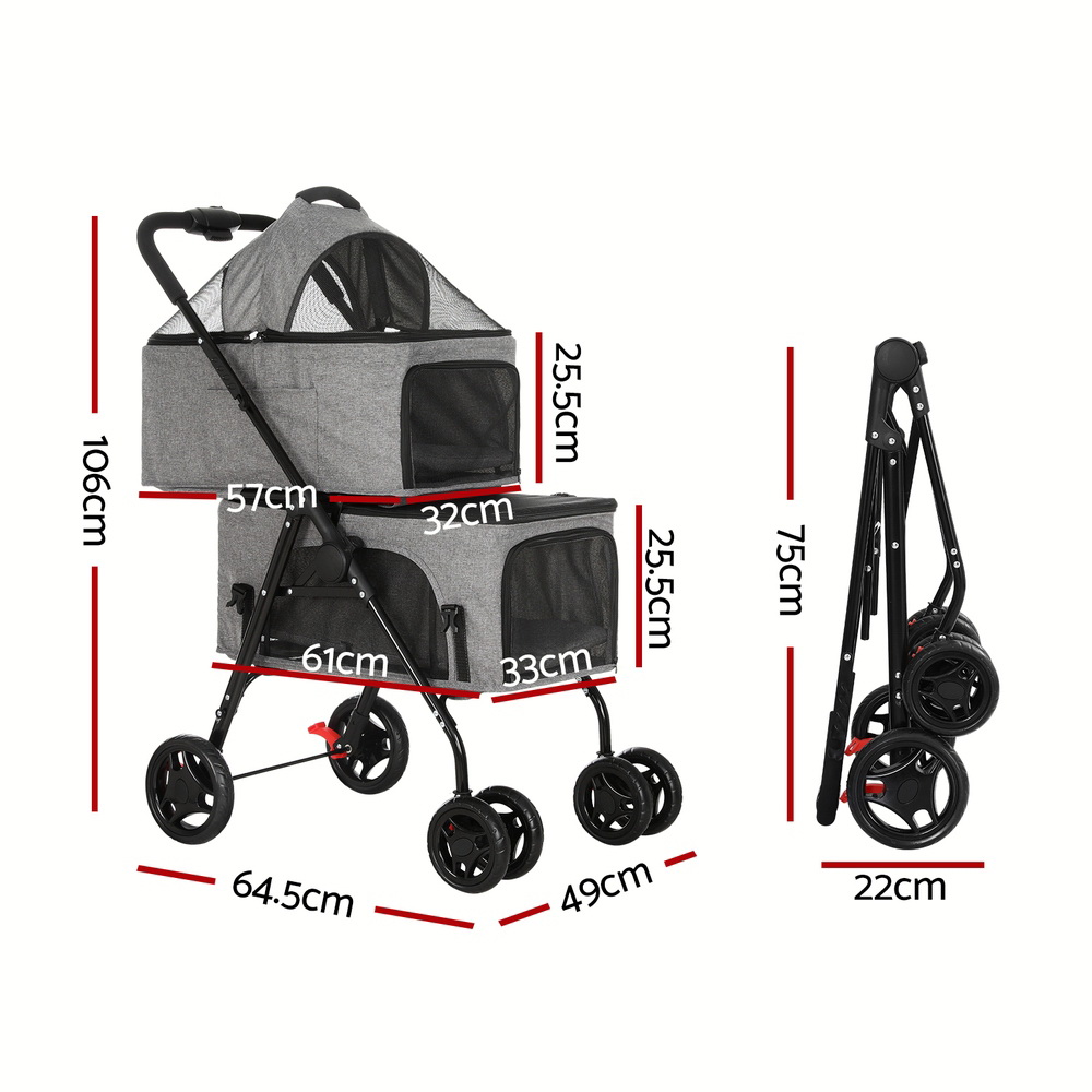i.Pet Pet Stroller 2-tier Dog Pram Large Cat Carrier Travel Pushchair Foldable - Image 2