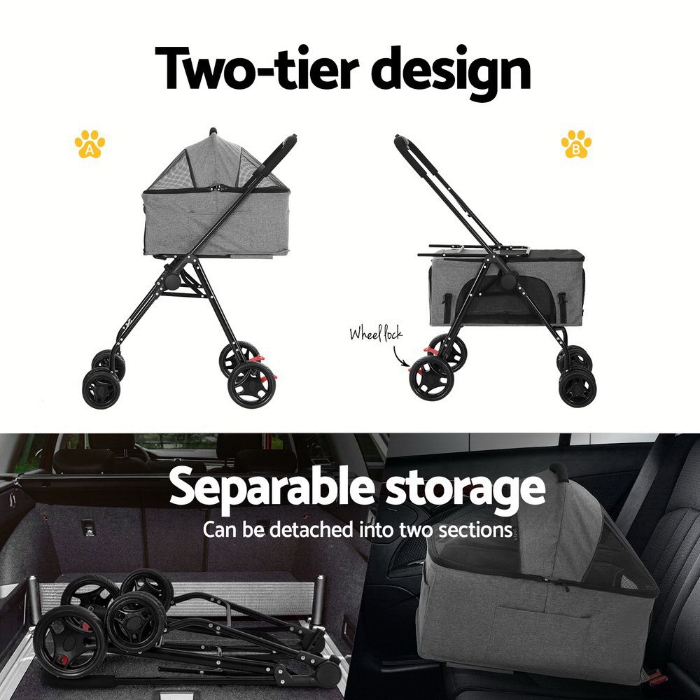 i.Pet Pet Stroller 2-tier Dog Pram Large Cat Carrier Travel Pushchair Foldable - Image 4