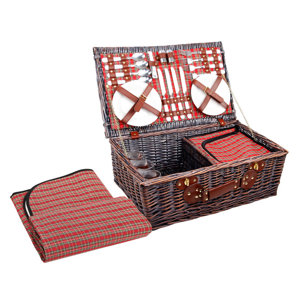 Alfresco 4 Person Picnic Basket Set Insulated Blanket Bag Red - Image 1