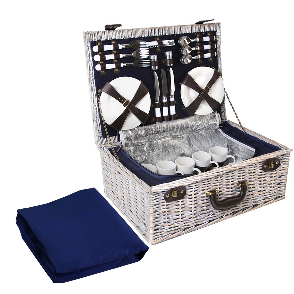 Alfresco 6 Person Picnic Basket Set Cooler Bag Insulated Blanket Plates Navy - Image 1