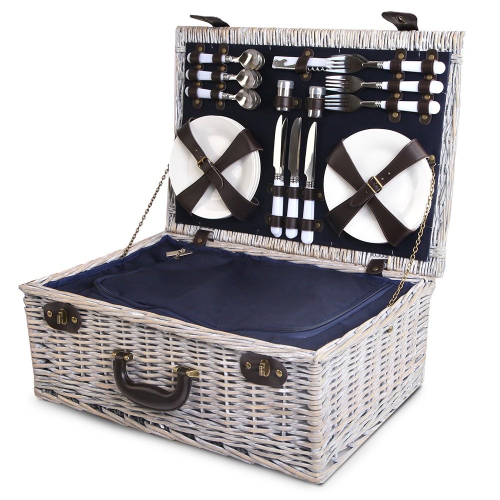 Alfresco 6 Person Picnic Basket Set Cooler Bag Insulated Blanket Plates Navy - Image 3