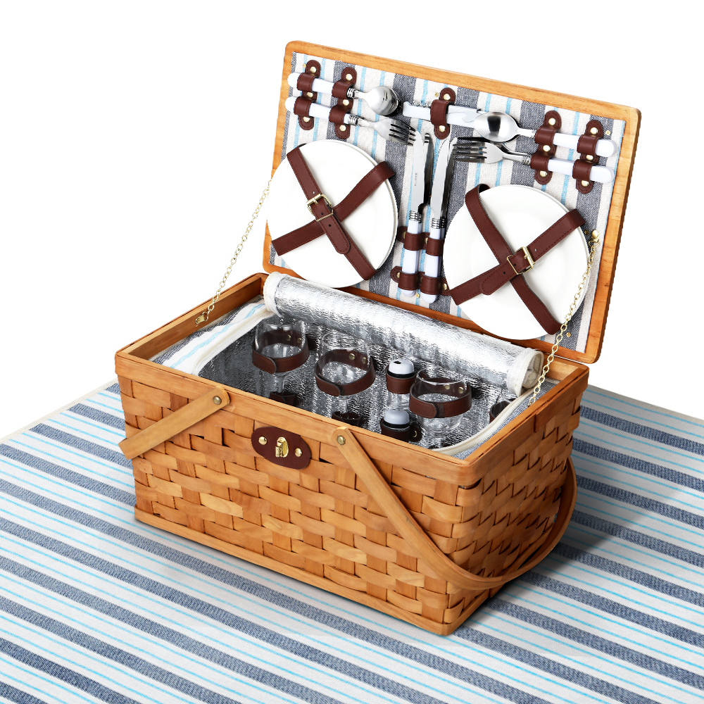 Alfresco 4 Person Picnic Basket Set Wooden Blanket Cooler Bag Outdoor Insulated - Image 1