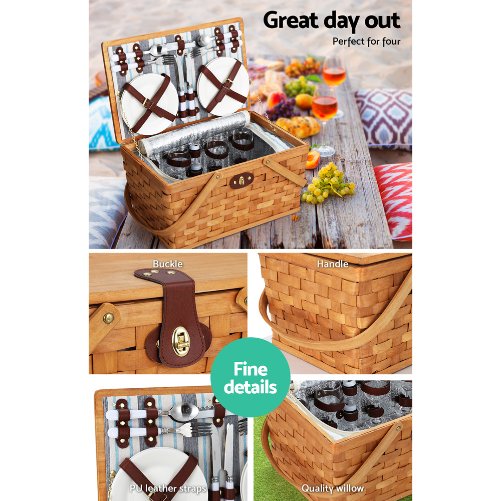 Alfresco 4 Person Picnic Basket Set Wooden Blanket Cooler Bag Outdoor Insulated - Image 4