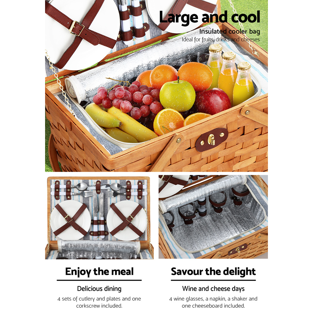 Alfresco 4 Person Picnic Basket Set Wooden Blanket Cooler Bag Outdoor Insulated - Image 5