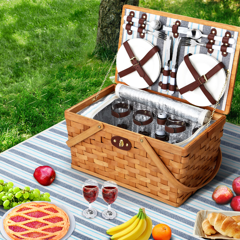 Alfresco 4 Person Picnic Basket Set Wooden Blanket Cooler Bag Outdoor Insulated - Image 7