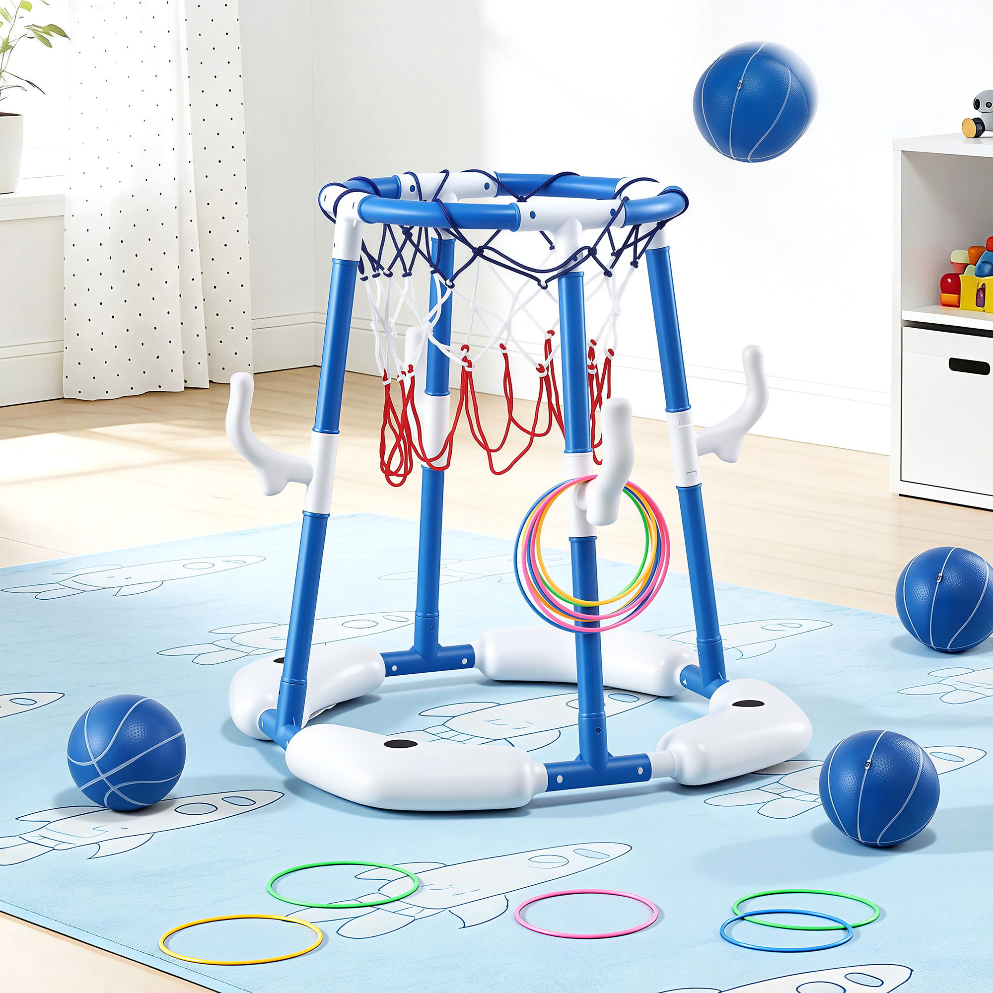 Keezi Kids Basketball Hoop with 4 balls Ring Toss Sports Pool Toys Blue - Image 1