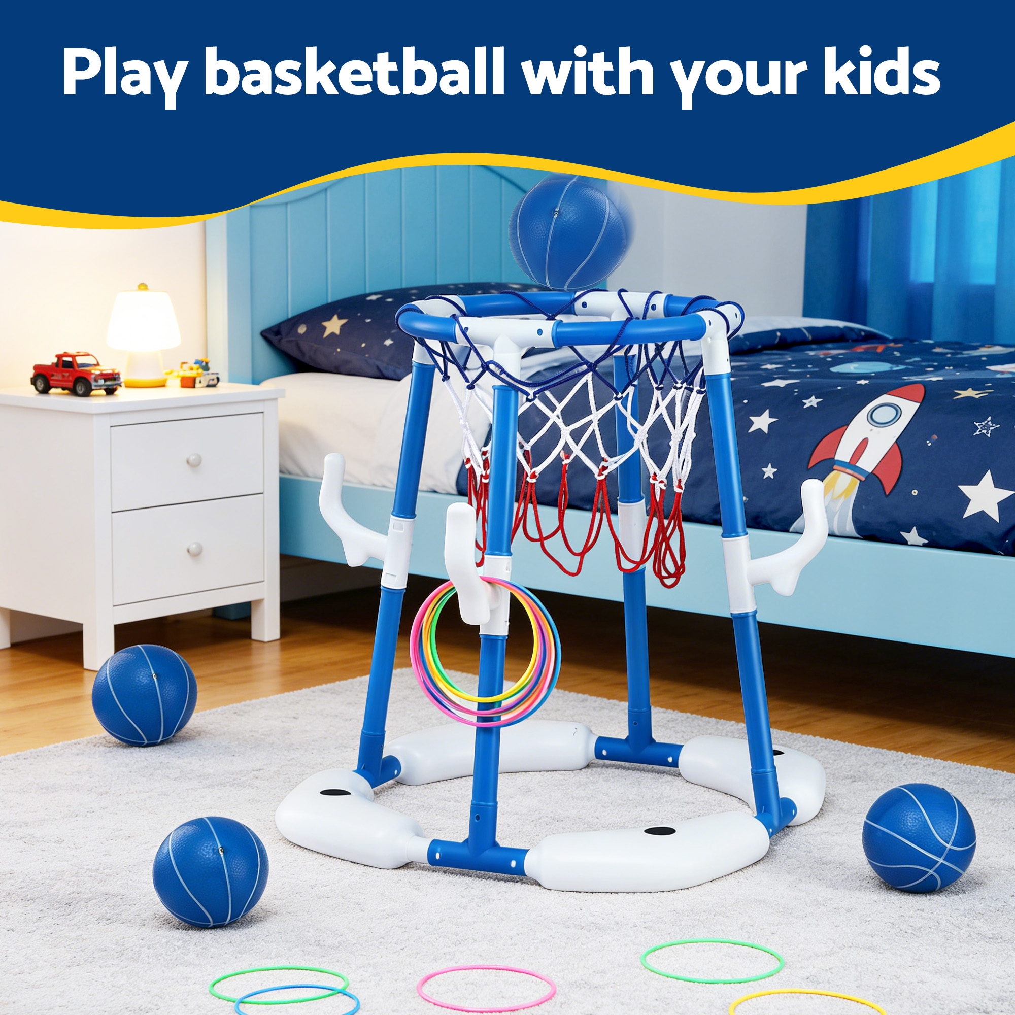 Keezi Kids Basketball Hoop with 4 balls Ring Toss Sports Pool Toys Blue - Image 4