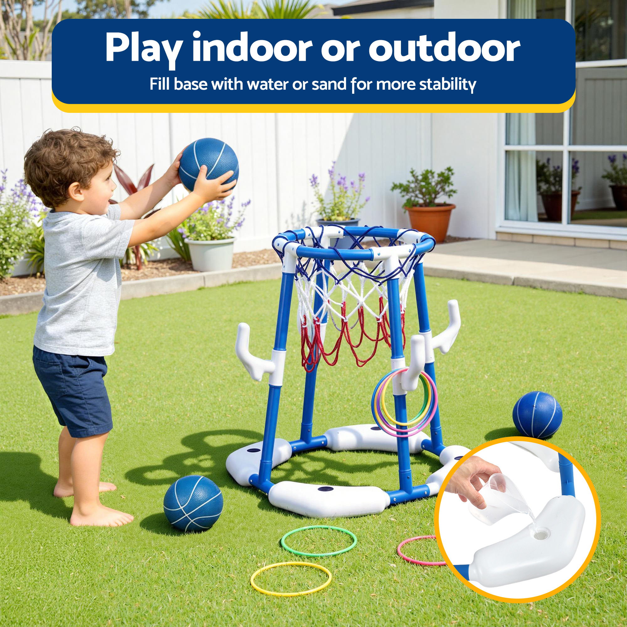 Keezi Kids Basketball Hoop with 4 balls Ring Toss Sports Pool Toys Blue - Image 5