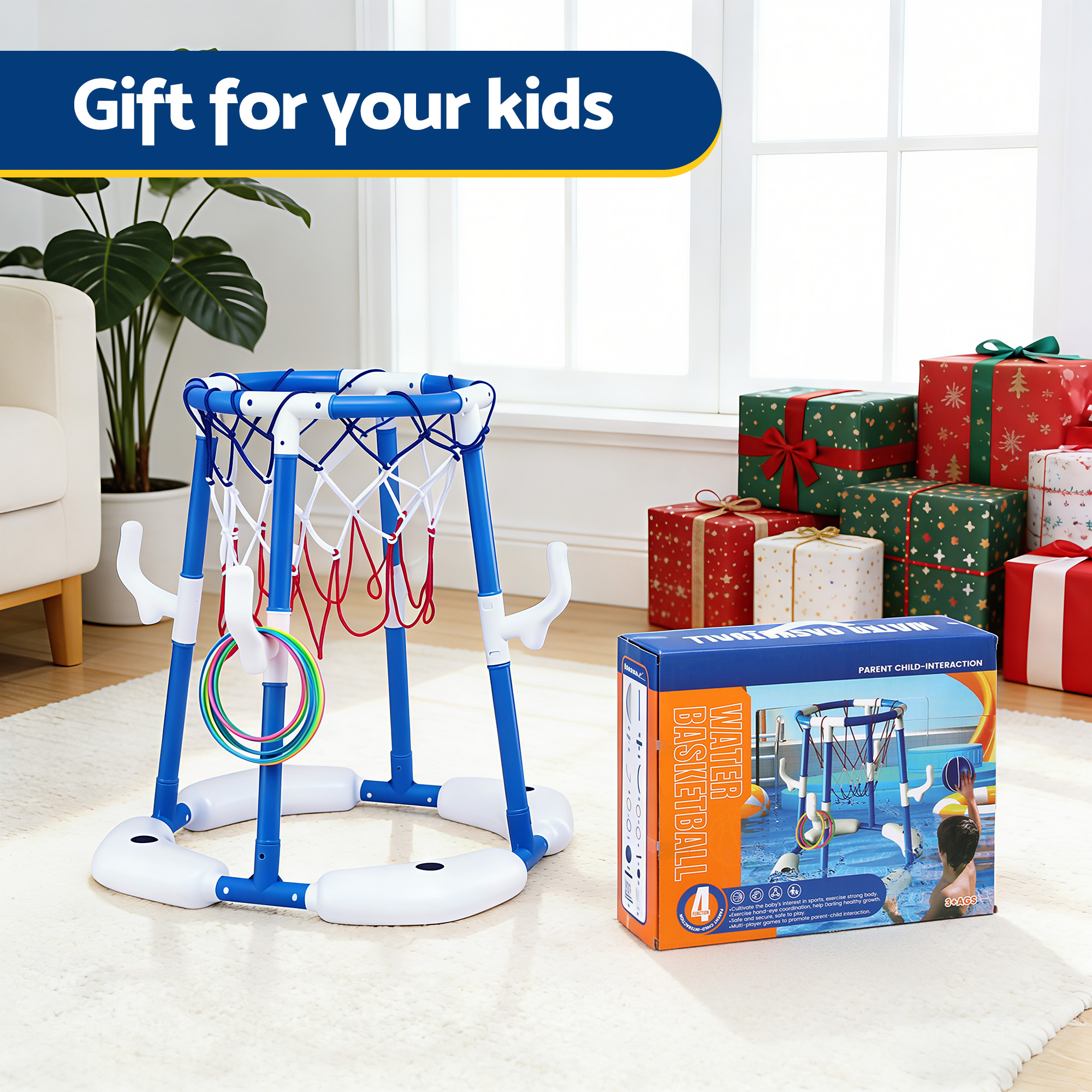 Keezi Kids Basketball Hoop with 4 balls Ring Toss Sports Pool Toys Blue - Image 7