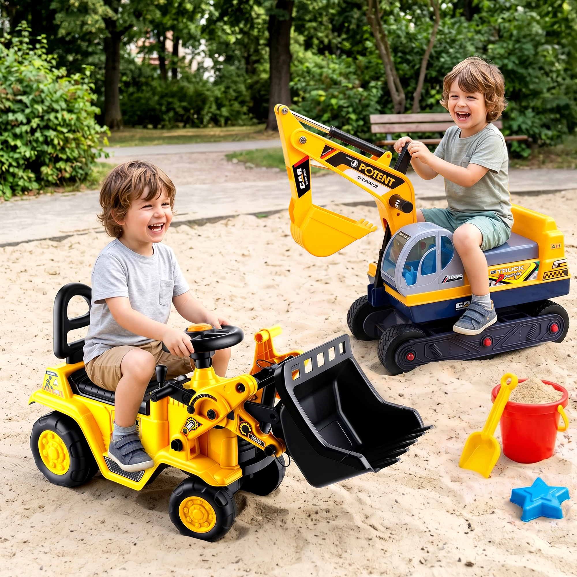 Keezi Kids Ride On Toy Car Bulldozer and Digger with Helmet Outdoor Sandpit Toys Yellow - Image 1