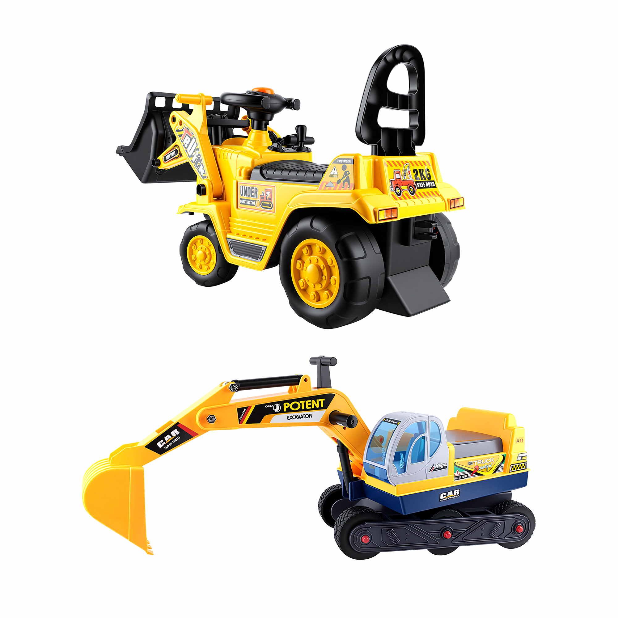 Keezi Kids Ride On Toy Car Bulldozer and Digger with Helmet Outdoor Sandpit Toys Yellow - Image 3