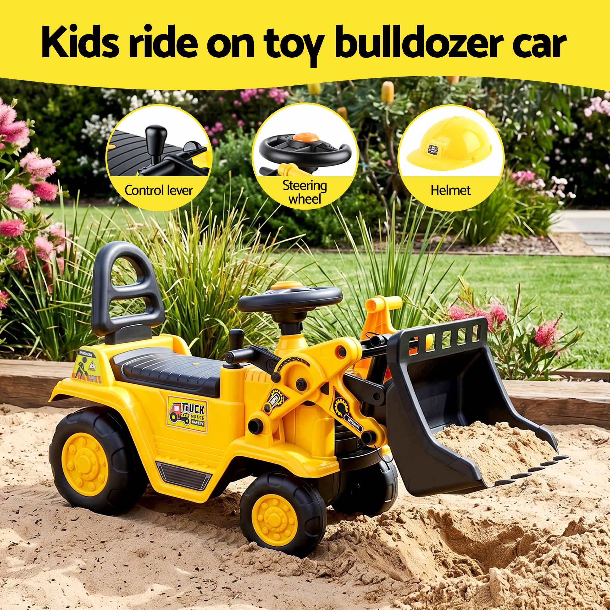Keezi Kids Ride On Toy Car Bulldozer and Digger with Helmet Outdoor Sandpit Toys Yellow - Image 4
