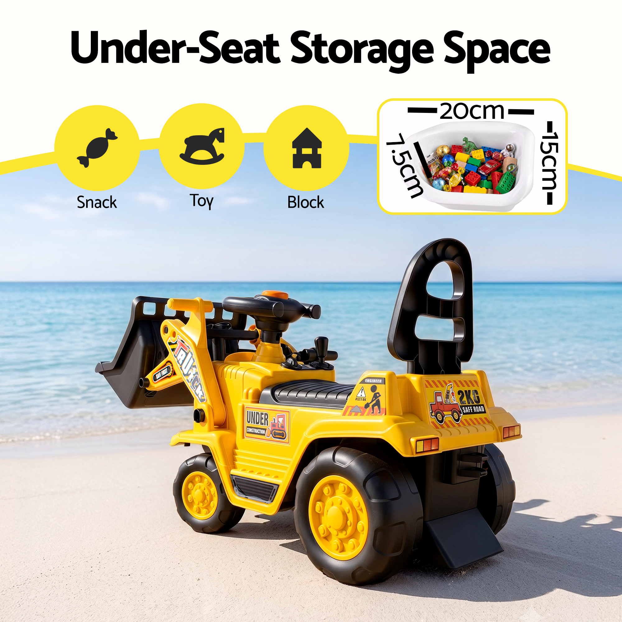 Keezi Kids Ride On Toy Car Bulldozer and Digger with Helmet Outdoor Sandpit Toys Yellow - Image 5