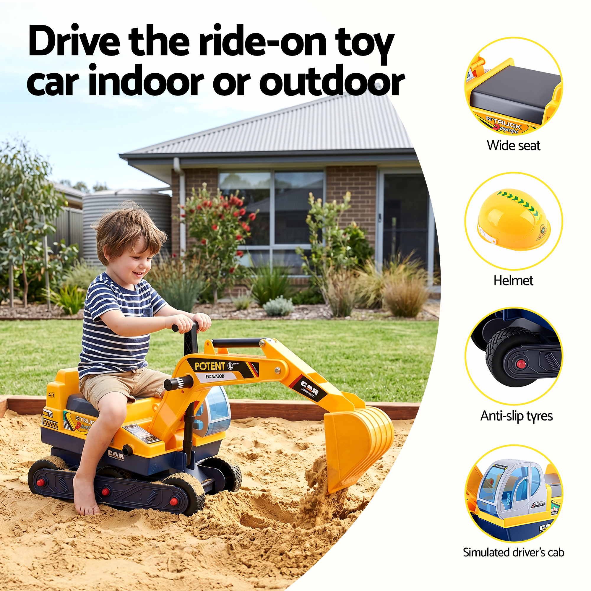 Keezi Kids Ride On Toy Car Bulldozer and Digger with Helmet Outdoor Sandpit Toys Yellow - Image 6