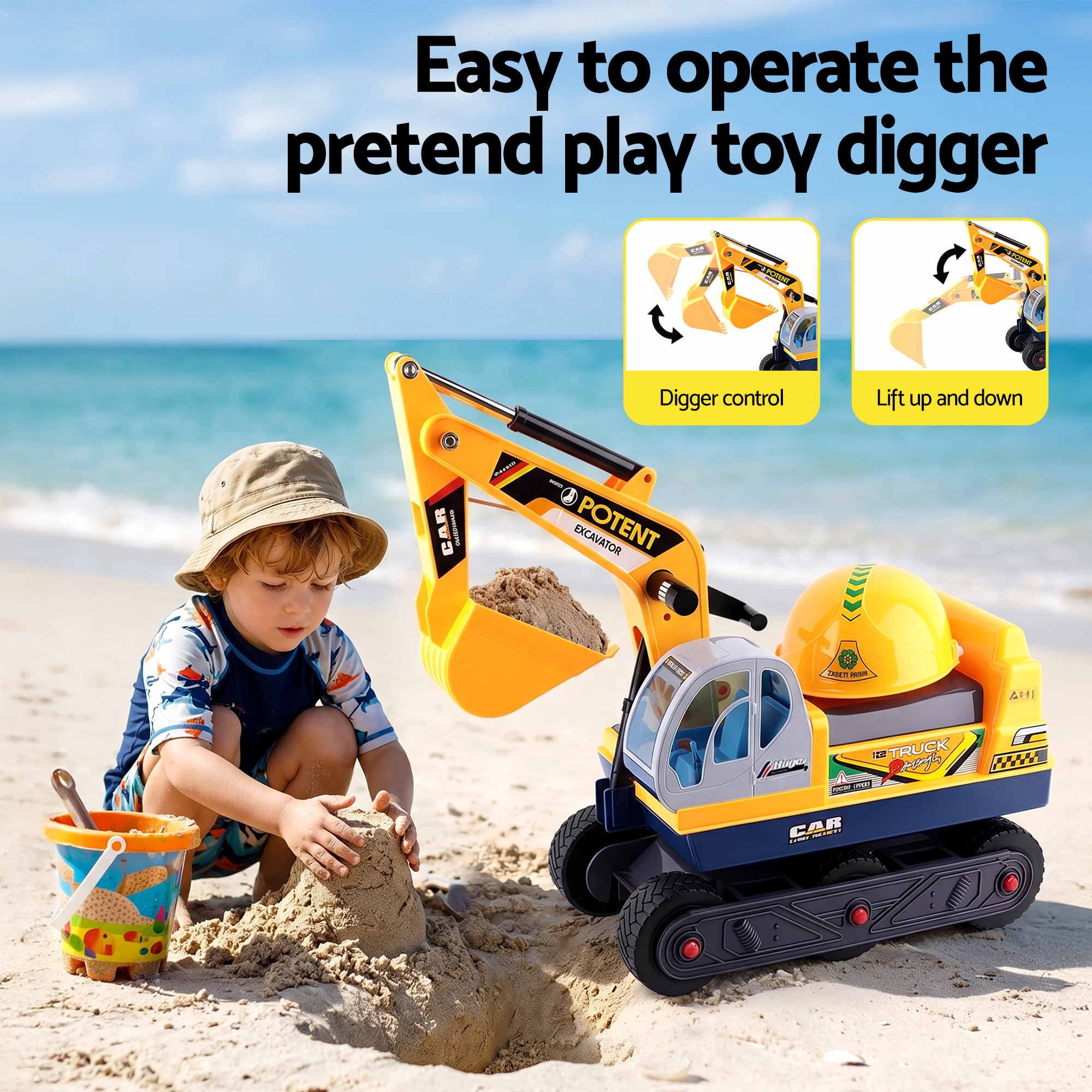 Keezi Kids Ride On Toy Car Bulldozer and Digger with Helmet Outdoor Sandpit Toys Yellow - Image 7