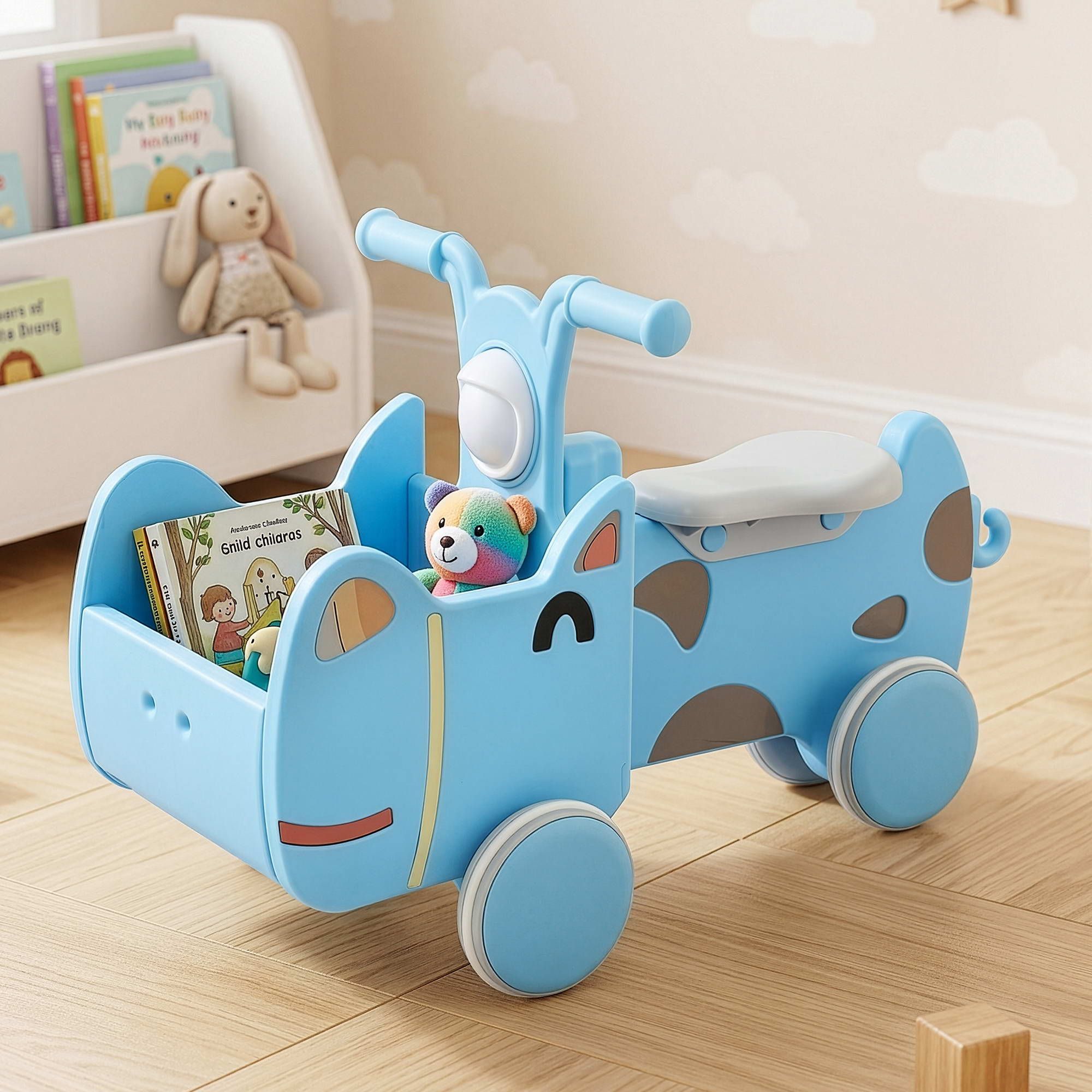 KEEZI Kids Ride On Push Car Toys with Storage Space Animal Stickers Blue 67CMX43CM - Image 1