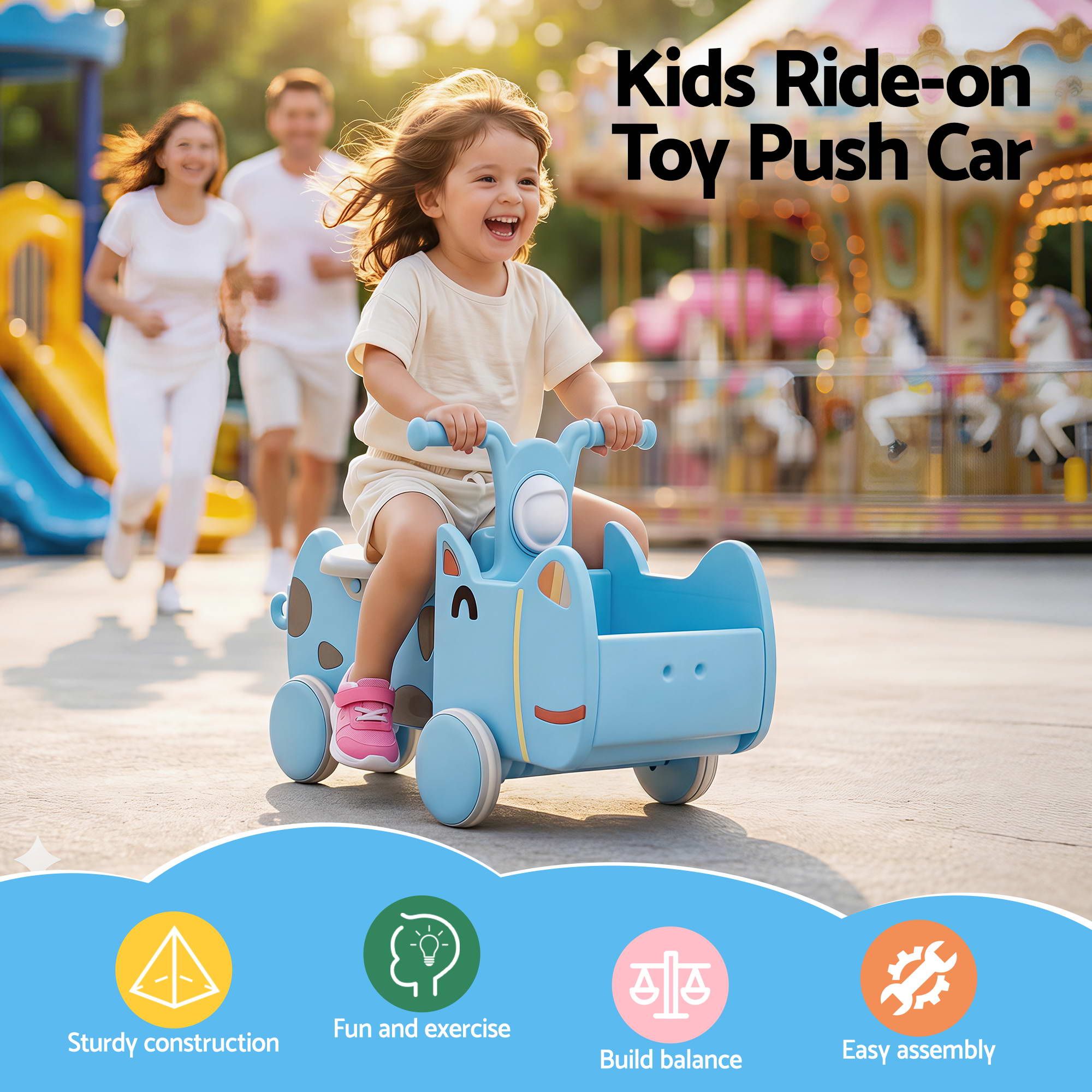 KEEZI Kids Ride On Push Car Toys with Storage Space Animal Stickers Blue 67CMX43CM - Image 5