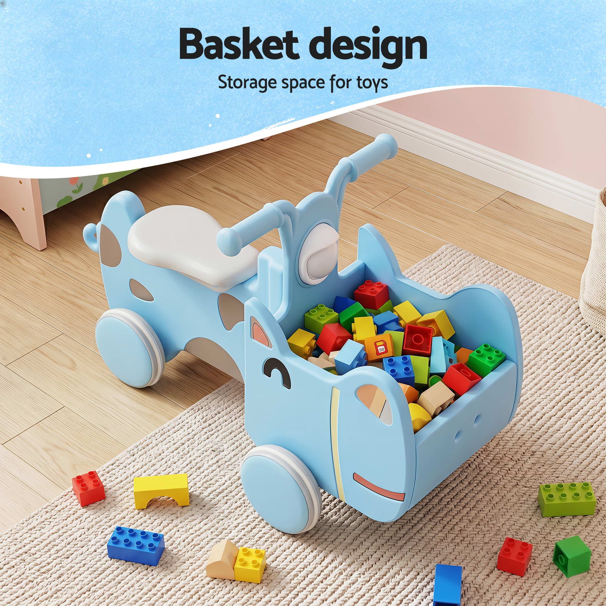 KEEZI Kids Ride On Push Car Toys with Storage Space Animal Stickers Blue 67CMX43CM - Image 6