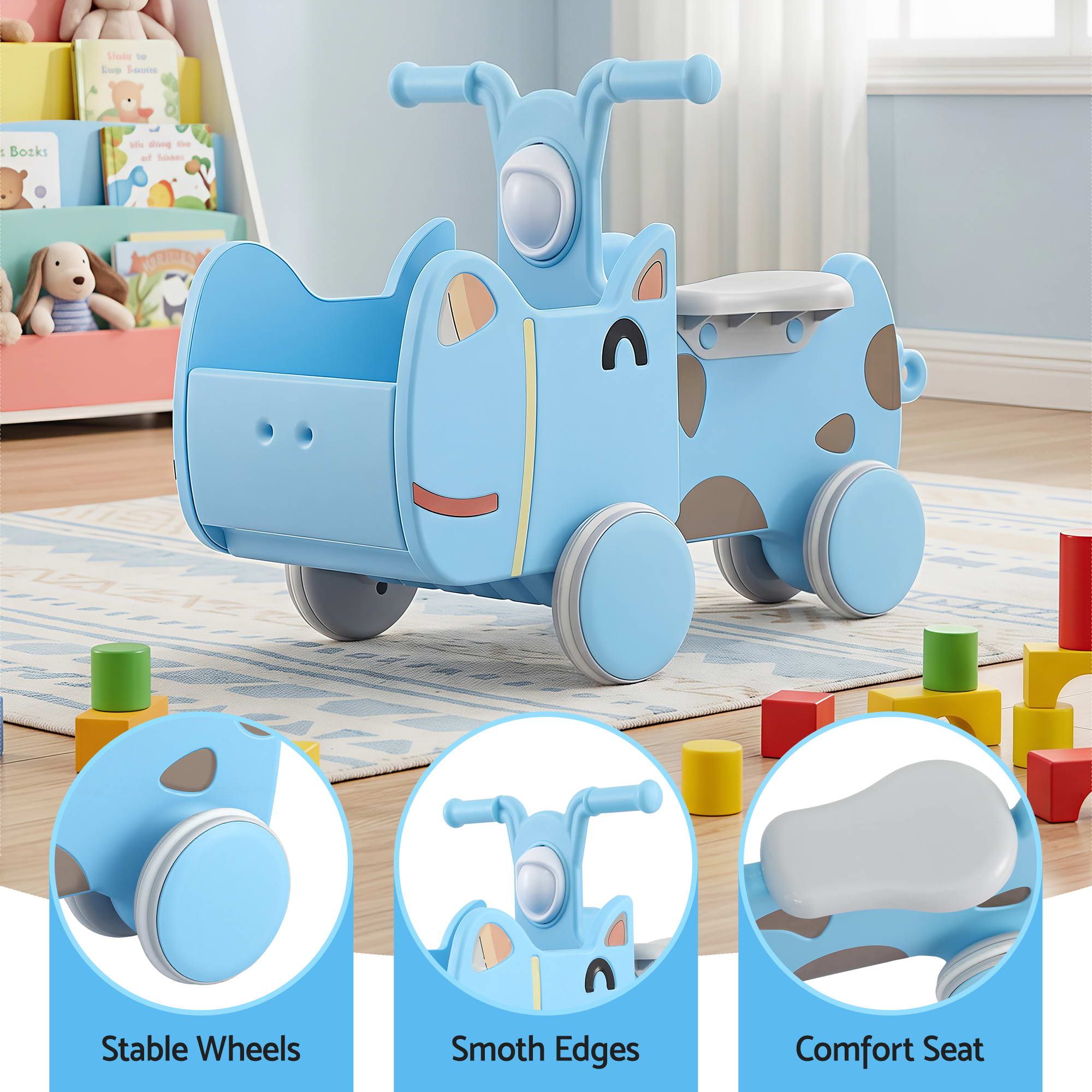 KEEZI Kids Ride On Push Car Toys with Storage Space Animal Stickers Blue 67CMX43CM - Image 8